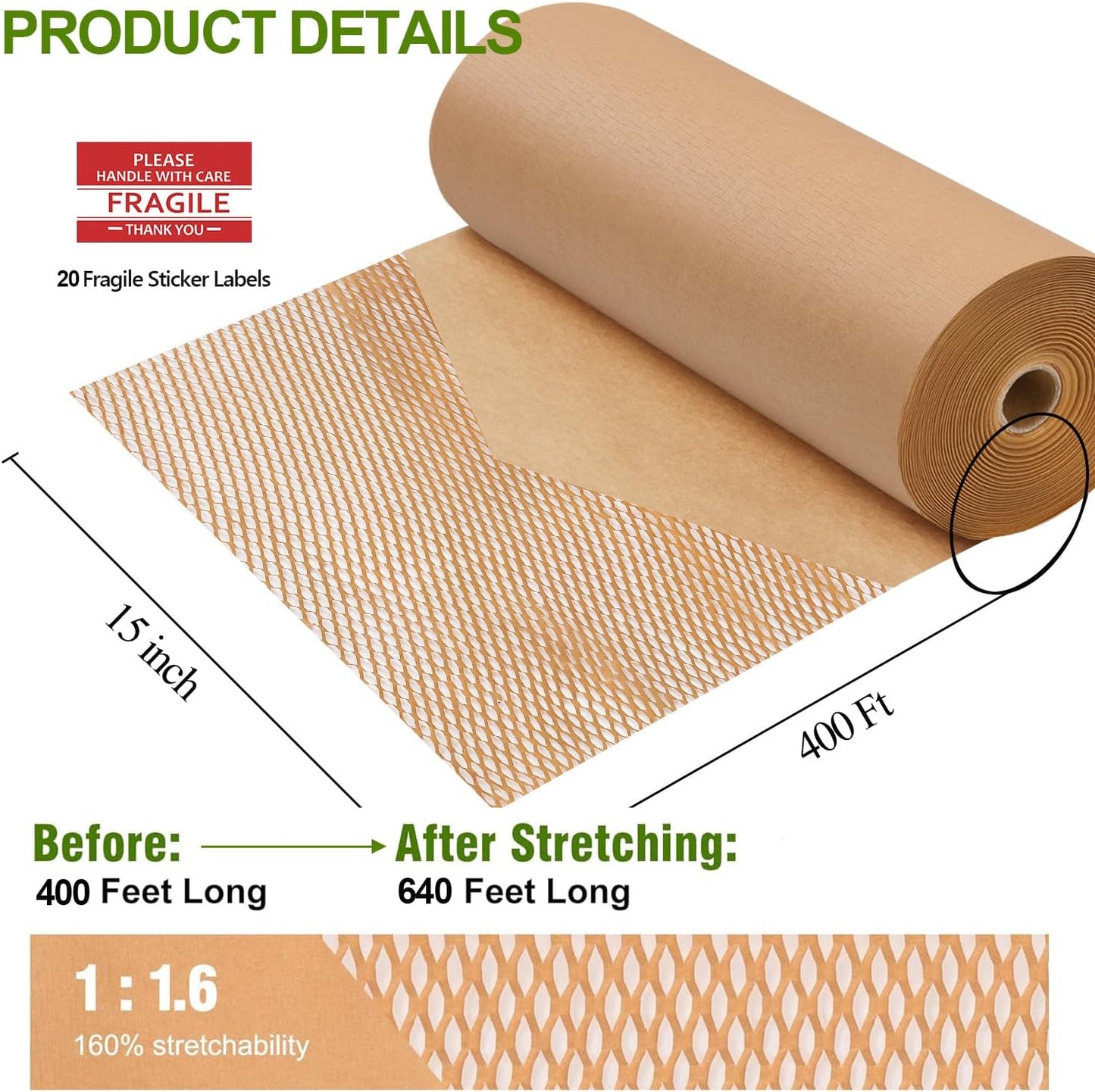 Honeycomb Packing Paper Wrap 15"x400' Sustainable Alternative to Bubble Cushioning Wrap Packing paper for Moving/shipping/packing Roll with 20 Fragile Sticker Biodegradable & Fully Recylable