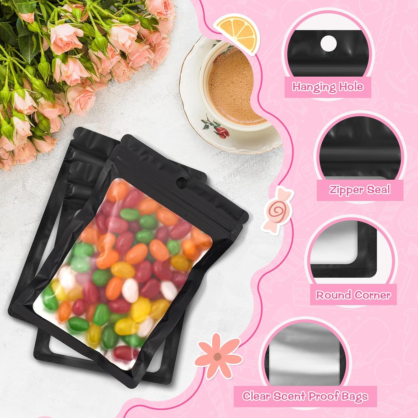FUNFERY 100 Pack Mylar Resealable Bags Foil Packaging Bags with Clear Window,Zipper Pouch Smell Proof Bag for Food Storage,Cookies,Sample,Small Business(Black,5.1x8.3inch)