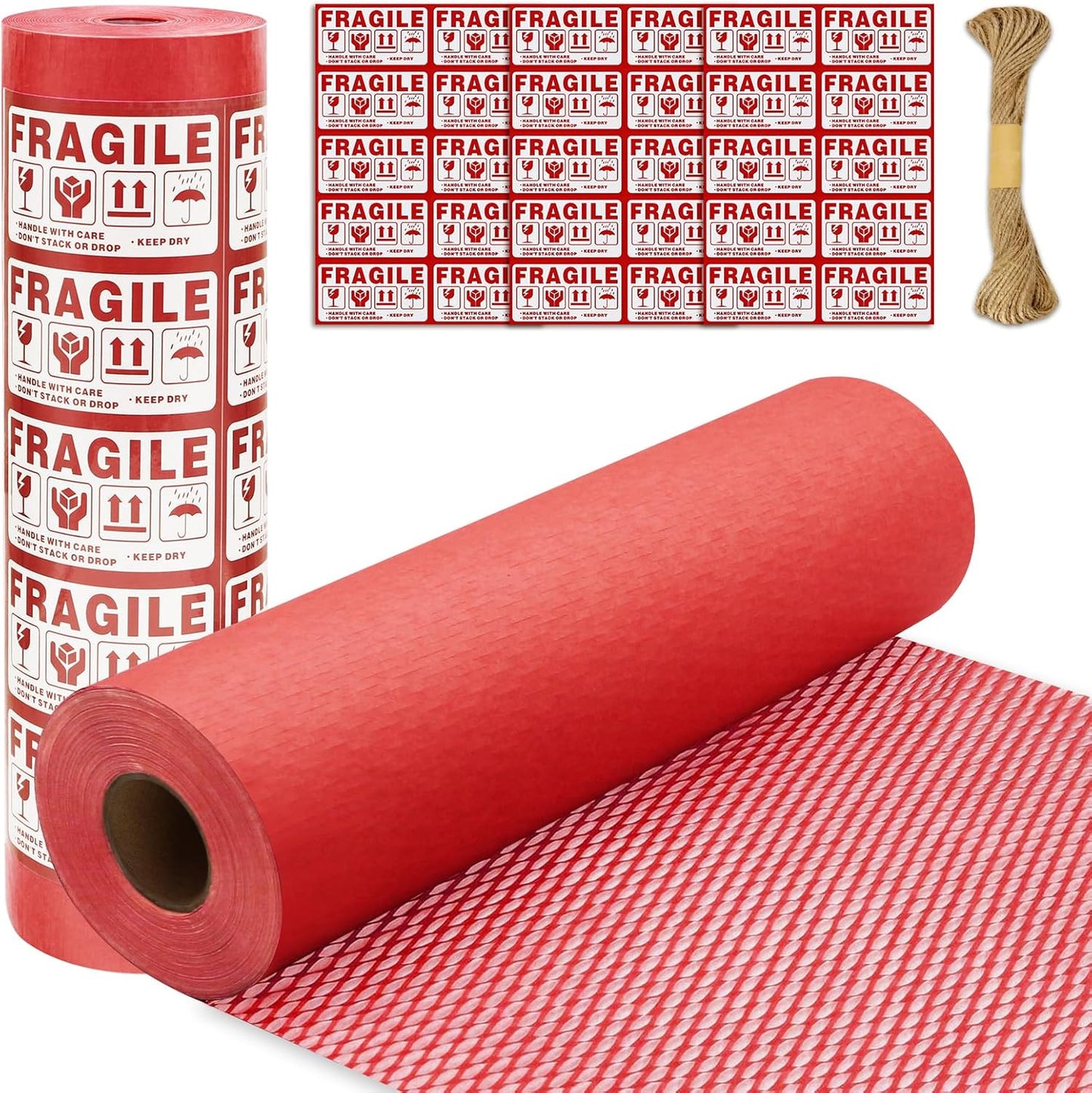 Honeycomb Packing Paper PINENUTS 15" x 131' Eco Friendly Packing Paper for Moving Recyclable Honeycomb Paper Bubble Paper Wrapping with 30 Fragile Sticker Labels and 66fthemp rope (Red)