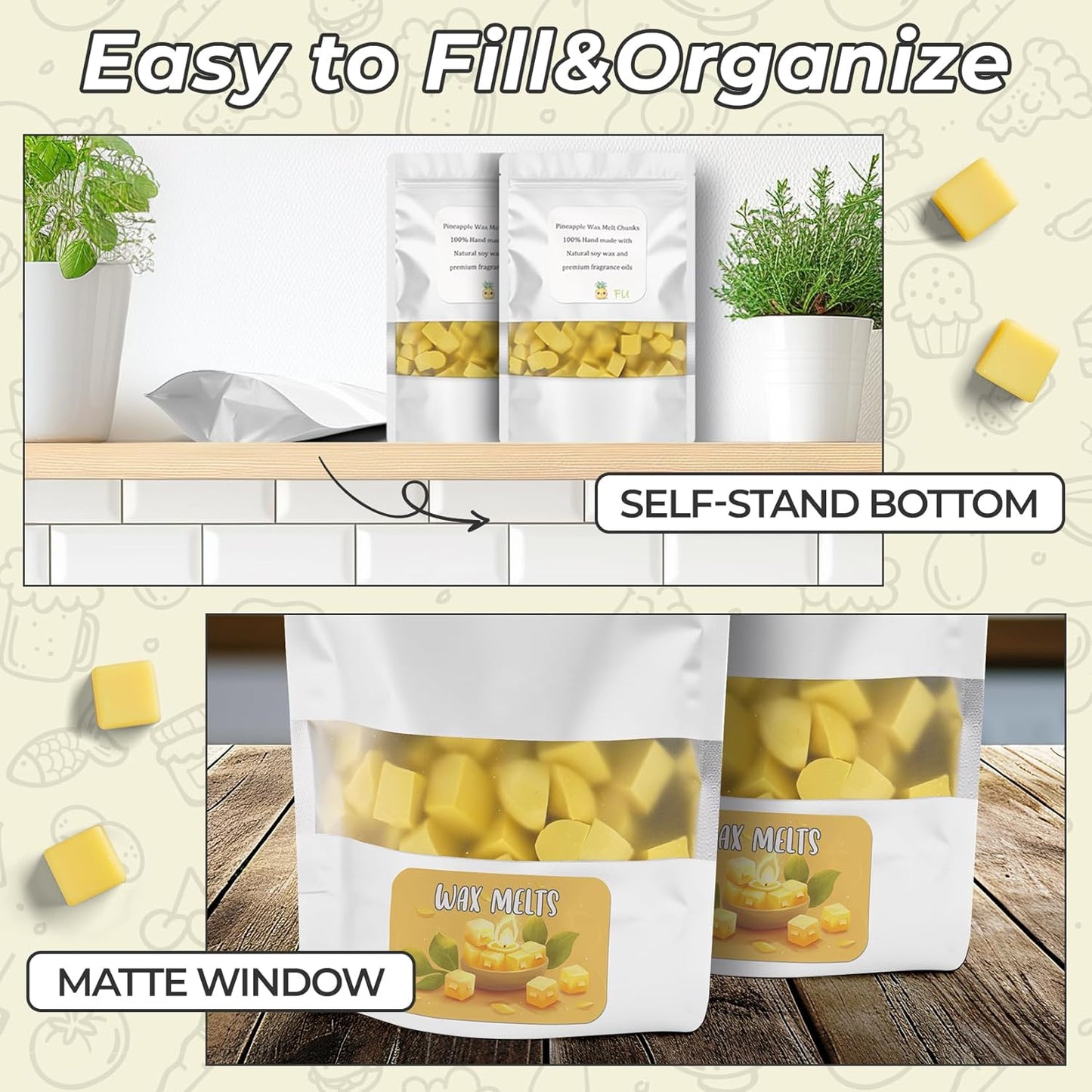 Funfery 100 Pcs Smell Proof Packaging Bags,Mylar Clear Bags for Food Storage,Sealable Bag for Packaging,Stand Up Pouches with Window,ReSealable Bag for Small Business,Cookies,Candy(White,4.7x7.9in)