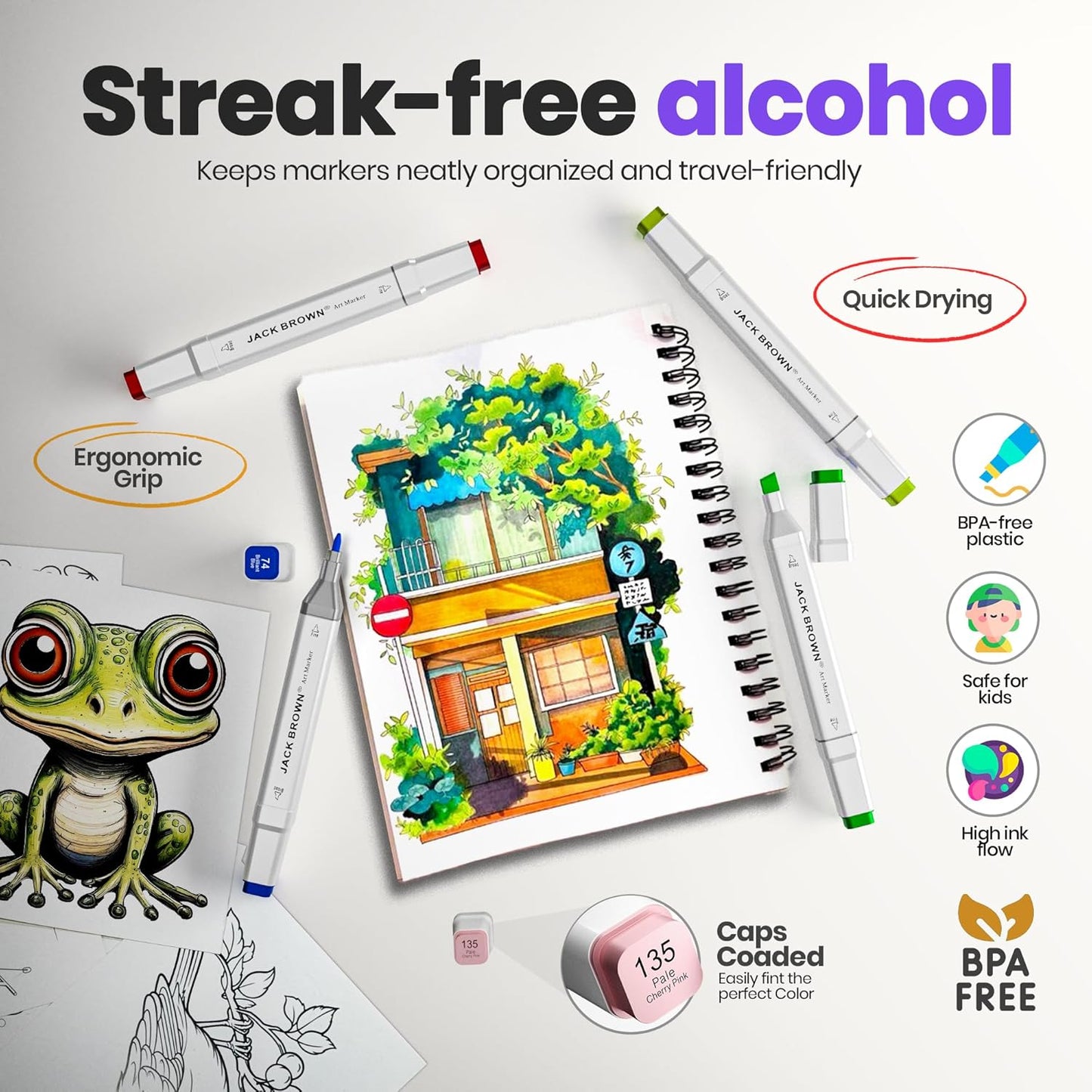 JACK BROWN 80 Colors Alcohol Markers Set with Fine & Chisel Dual Tip - Professional Art Markers for Adults & Kids, Perfect for Drawing, Sketching, Coloring & Animation - Includes Durable Marker Case