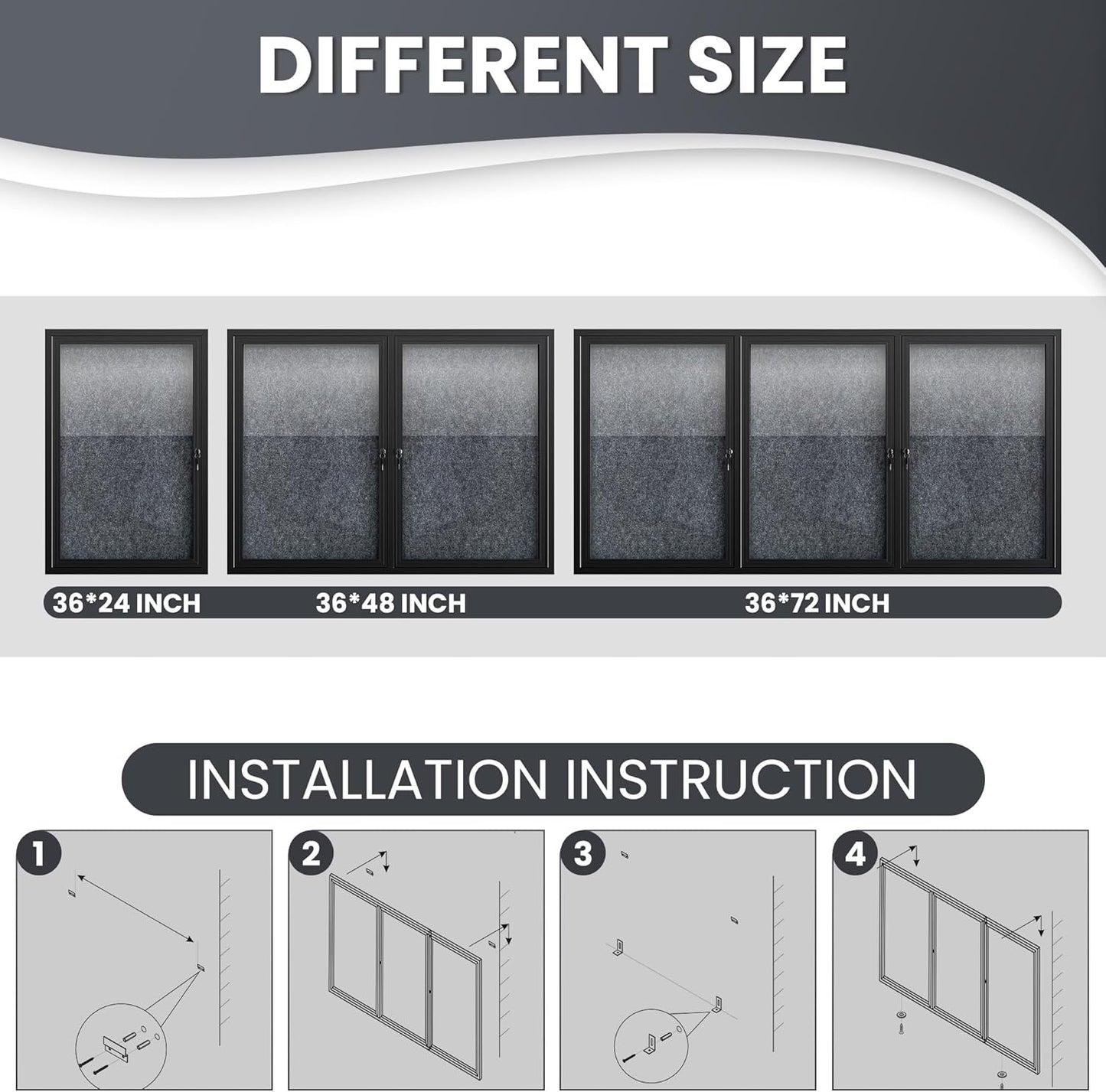 72"x36" Lockable Enclosed Bulletin Board, Outdoor Flet Weather-Resistant Aluminum Frame Notice Board, Wall Mounted Display Case Acrylic Doors for School,Office,Black Frame w/Grey Flet