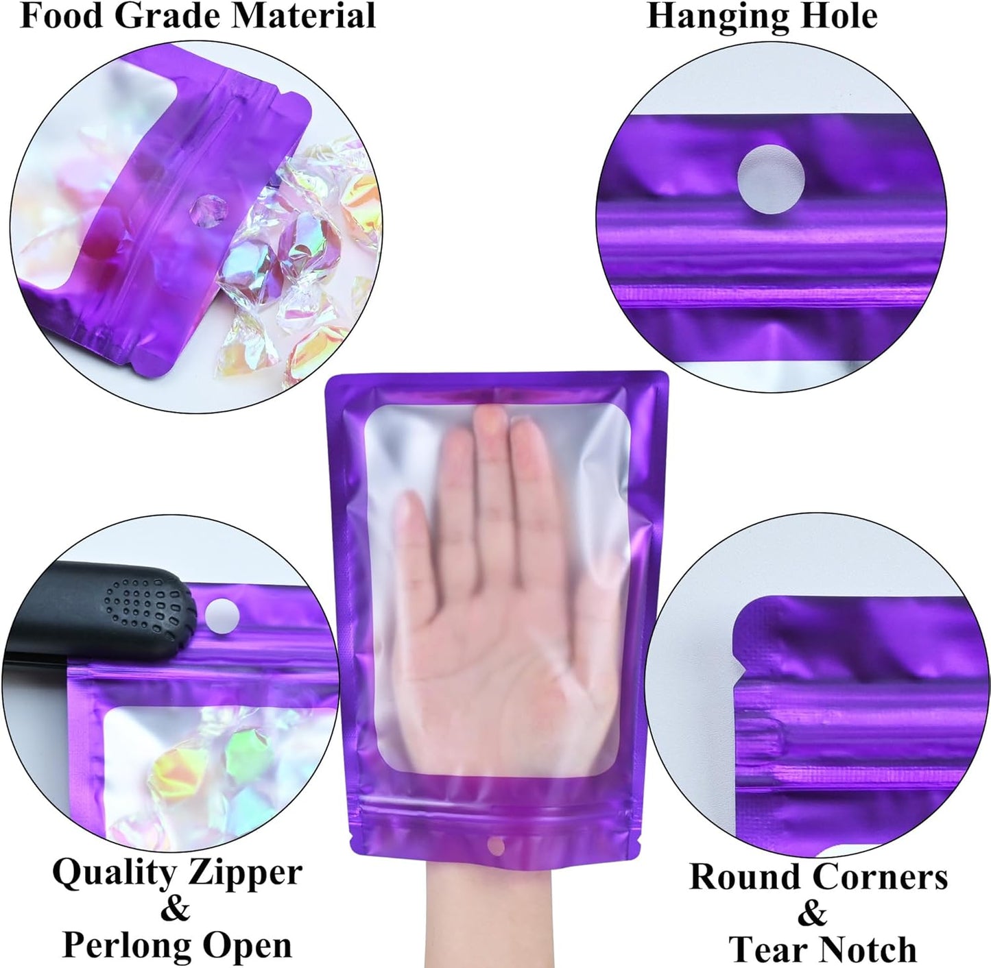 Resealable Mylar Pouch Bag Great for Office Home Party Favor Food Storage (100PCS, Purple Color, 2.4 x 4 inch)