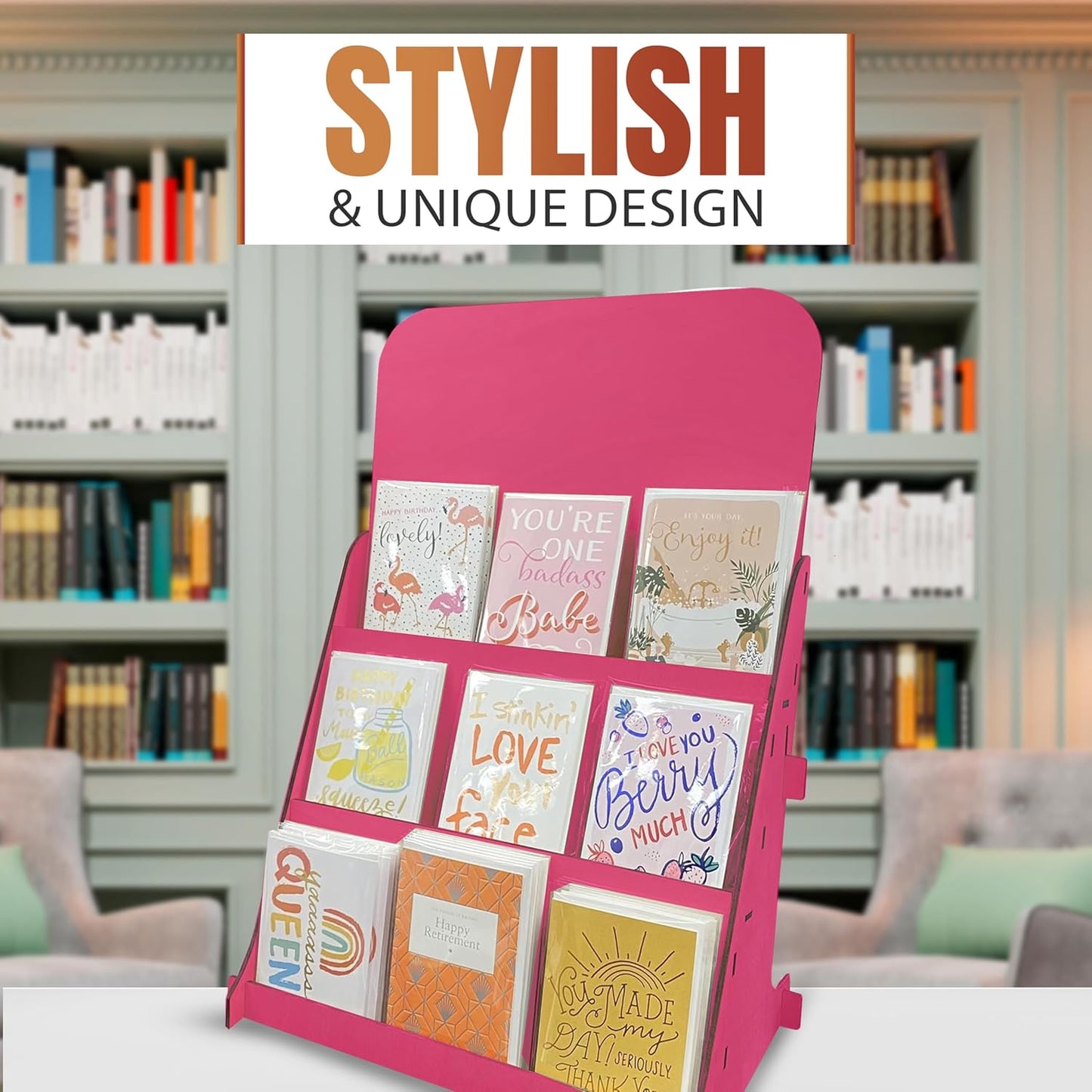 TORCHED DISPLAYS Greeting Card Organizer Display Stand – 3-Tiered Picture Stands for Display – Multipurpose Wooden Stand Ideal for Greeting Cards, Photos, Birthday Cards, Baseball Card Stand - Pink