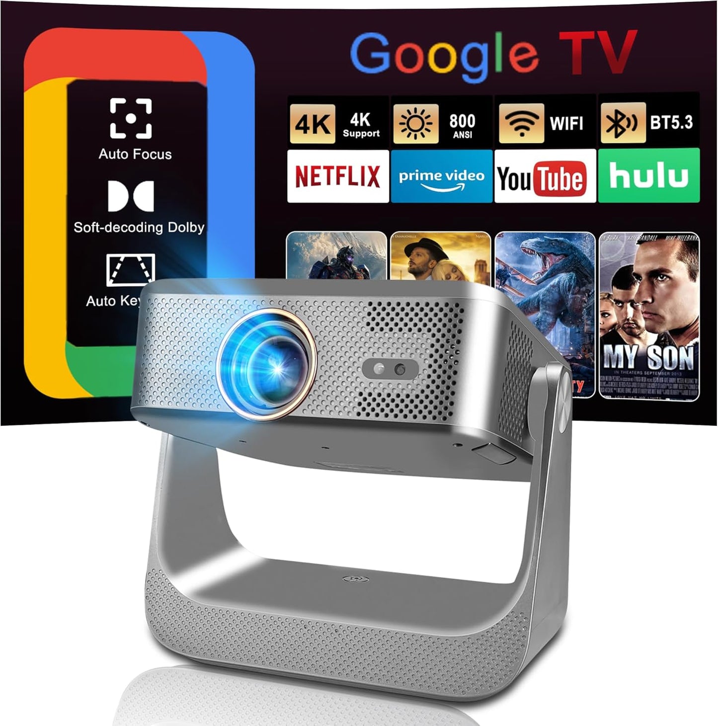 GTV Smart Projector with WiFi and Bluetooth,Outdoor Portable Projectors Mini Native 1080P with 800 ANSI, Voice Input, Auto Focus, Full HD Home Theater Movie Proyector iOS/Android/HDMI/USB