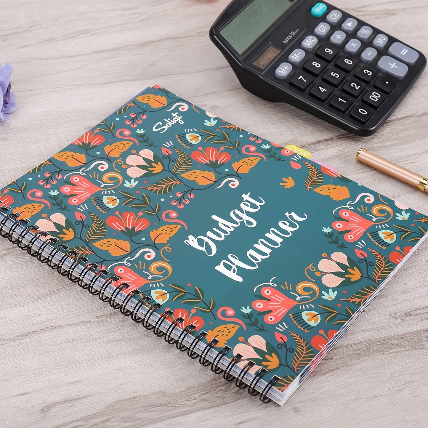 Soligt Budget Planner 2025-2026, Monthly Budget Book Bill Organizer with 12 Pockets, Undated Home Financial Money Expense Saving Debt Tracker Notebook, 1 Year, Blue Floral, Spiral Design