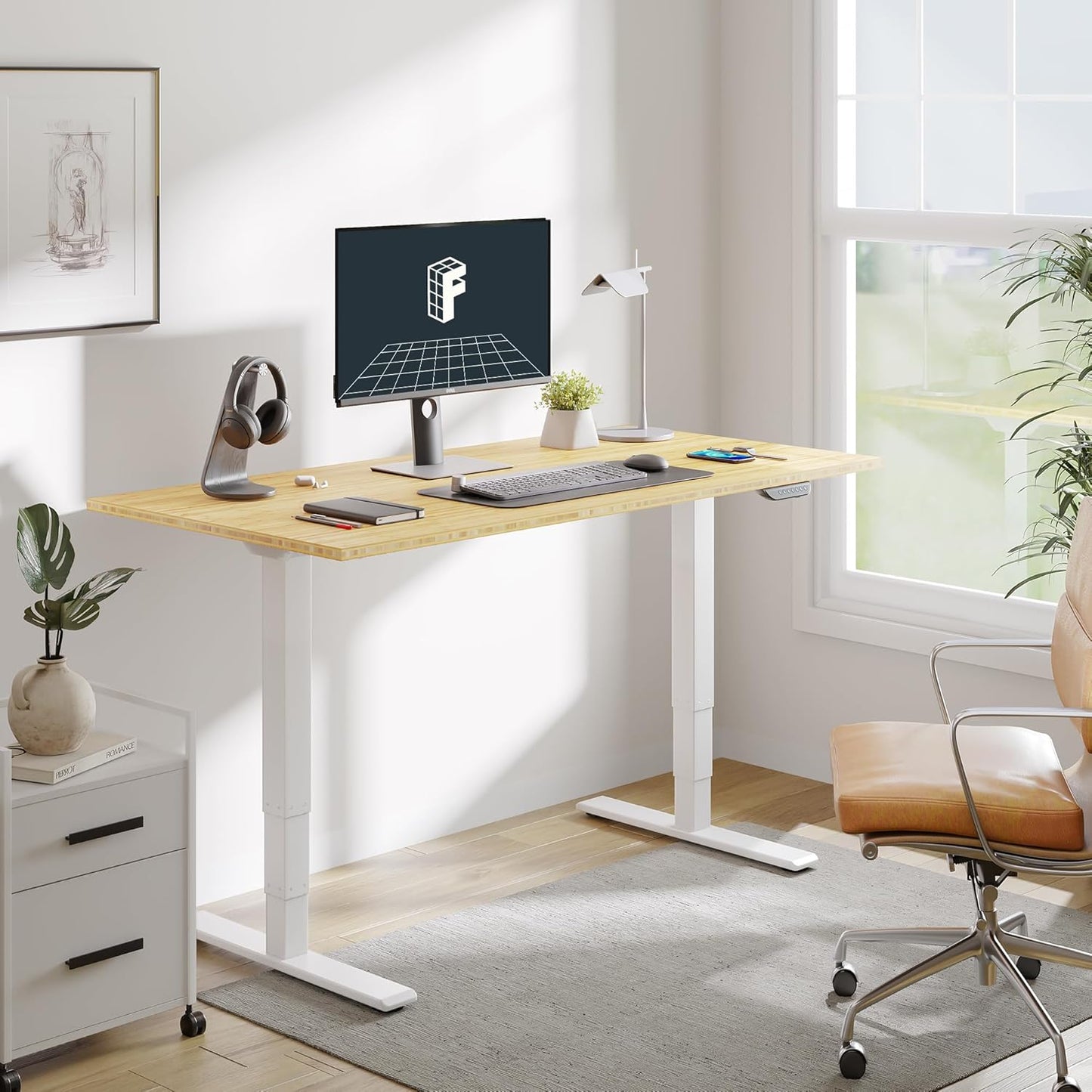 FLEXISPOT E6 MAX Bamboo Dual Motor 3 Stages Standing Desk 55x28 Inch Whole-Piece Board Electric Height Adjustable Stand Up Desk 150KG Load Capacity(White Frame + Bamboo Desktop)