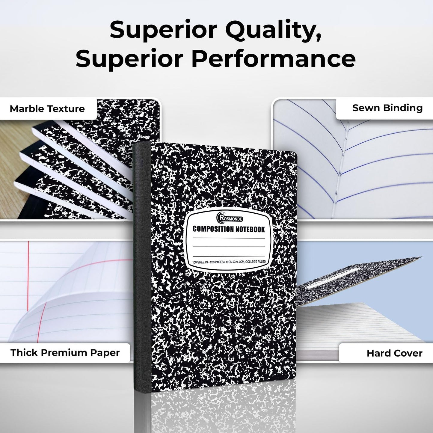 12 Pack Composition Notebook College Ruled Bulk, 200 Pages (100 Sheets), 9-3/4 x 7-1/2, Hard Cover College Ruled Notebook Bulk, Black Marble Composition Notebook College Ruled, Bulk Notebooks