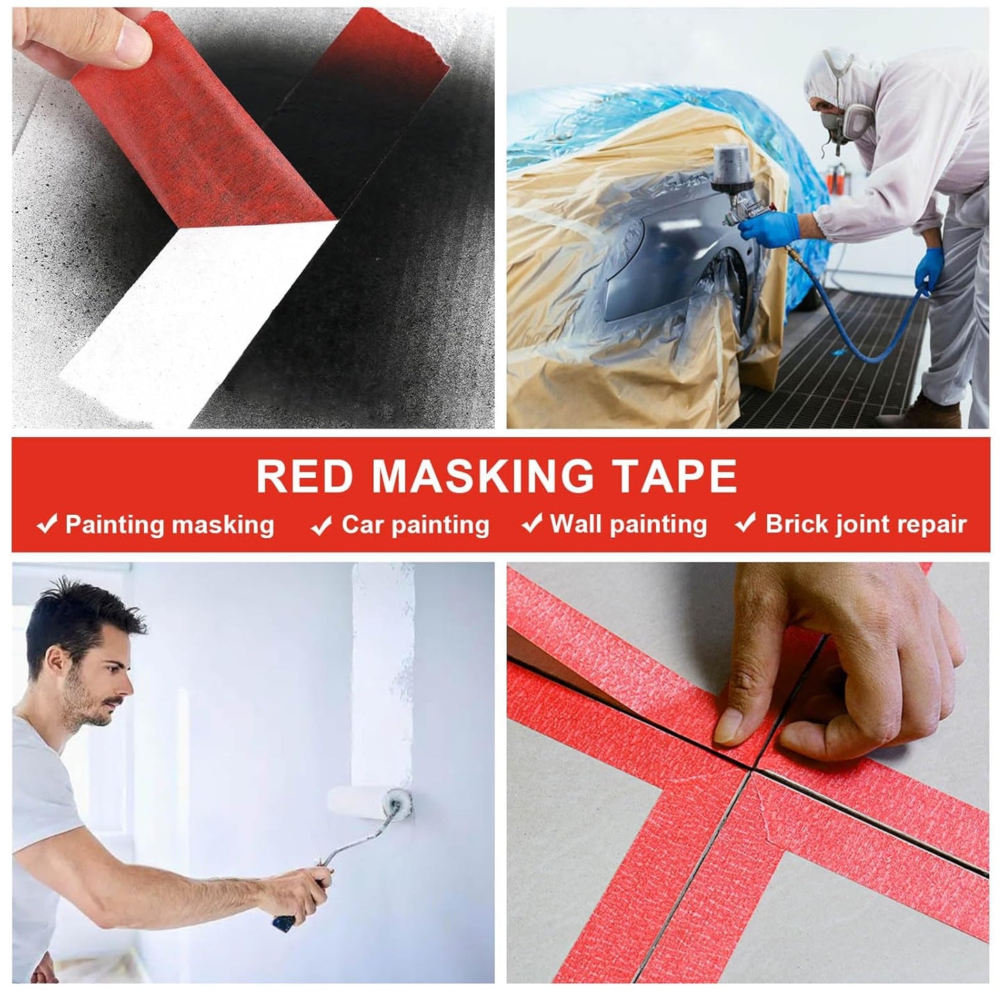 BOMEI PACK Red Painters Tape 2 inch Wide, 3 Rolls Red Masking Tape 2 inch x 60 Yards (180 Total Yards) Residue-Free Painting Tape for Labeling, DIY Crafting, Decoration and School Projects