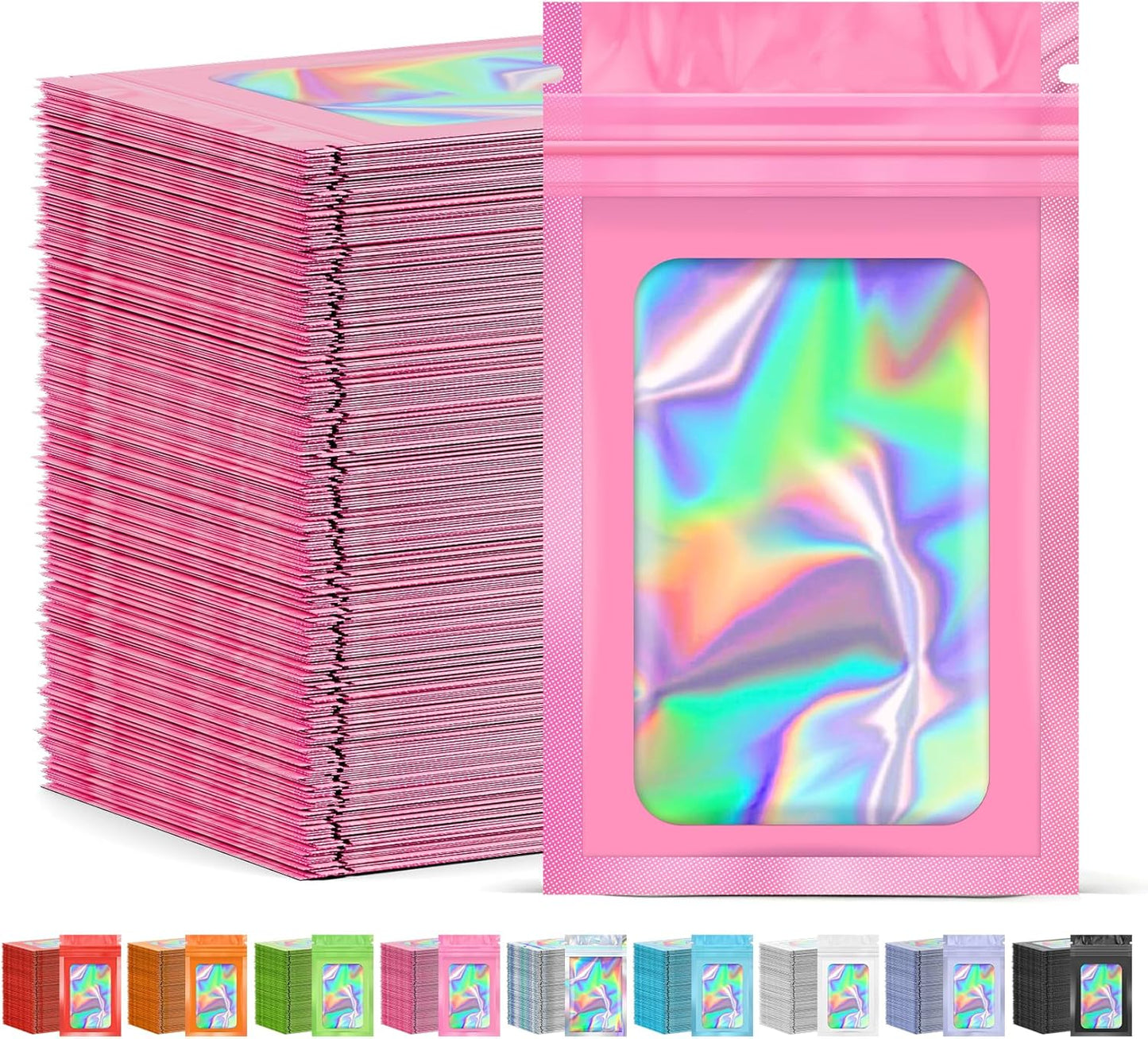 300 Pcs Mylar Bags, Smell Proof Bags Foil Pouch, Holographic Resealable Bags for Small Business, Candy Sample Jewelry Bag Sealable Packaging for Party Favor Food Storage (2.4x3.9in-Pink)