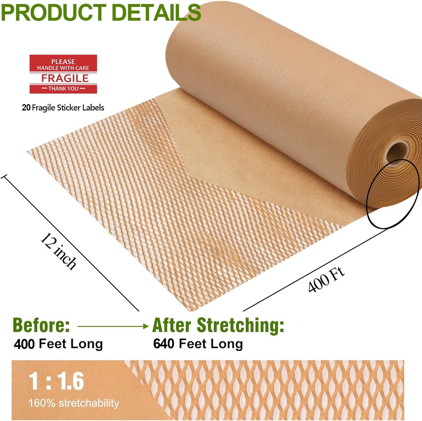 Honeycomb Packing Paper, 12" x 400' Honeycomb Cushioning Wrap Roll for Moving Shipping Packaging Gifts, Recyclable Honeycomb Paper Bubble Paper Wrapping with 20 Fragile Sticker Labels