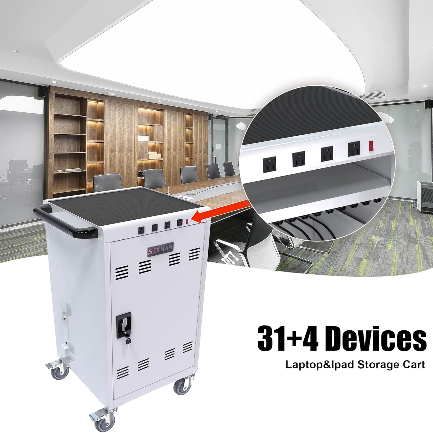 36 Device Charging Cart for Laptops and Tablets Up to 16.3-inch, Mobile Charging Station with AC Outlets, Secure Storage and Cable Management, Mobile Charging Cabinet for Ipads, Chromebooks, White