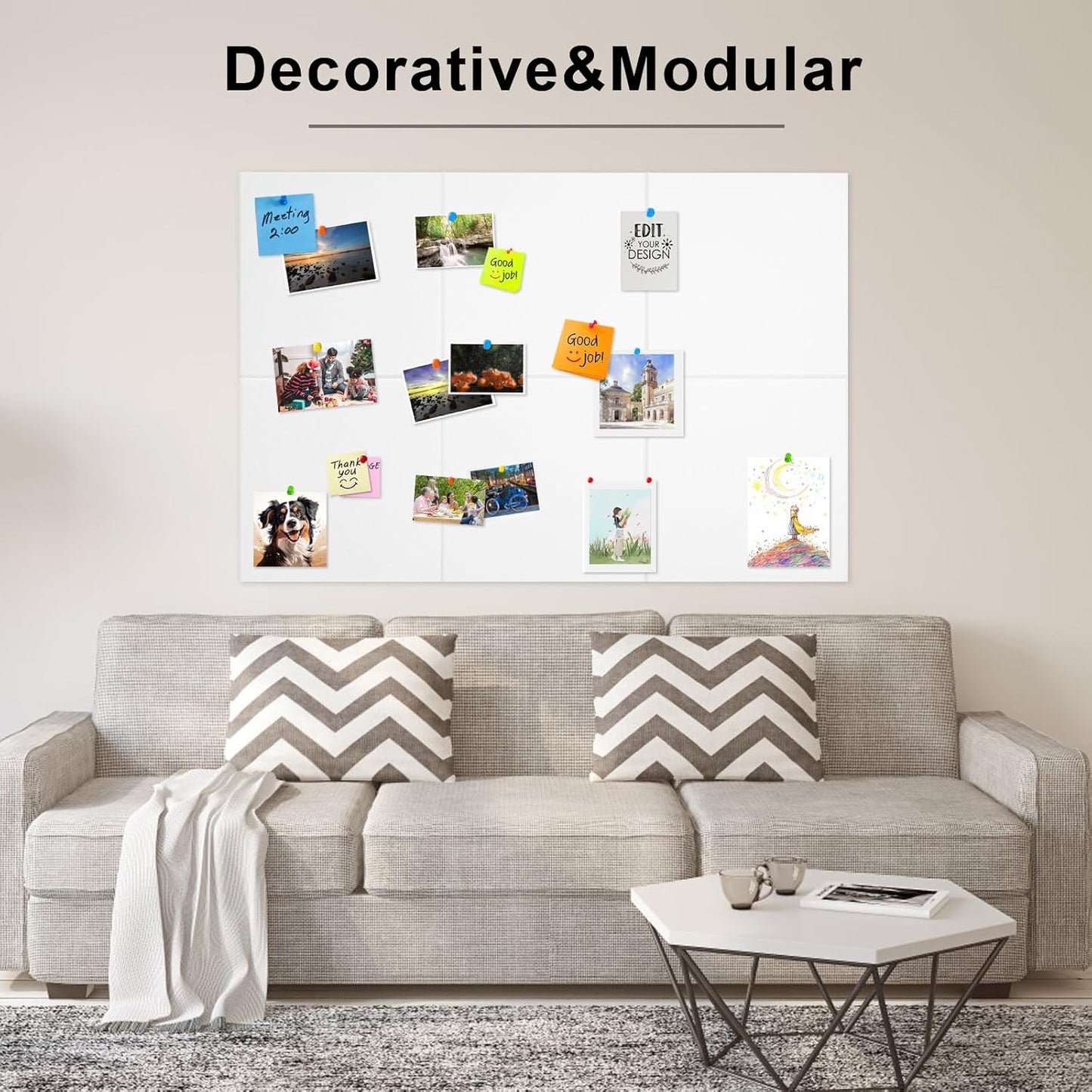 Large Cork Board for Wall 6 Pack, Bulletin Board 36" X 24", Felt Board Wall Tiles with 72 Damage-Free Removable Pads & Push Pins, Alternative Pin Board Cork Board for Office Home, White