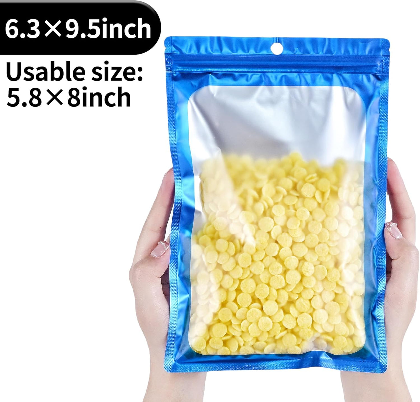 Resealable Mylar Pouch Bag Great for Office Home Party Favor Food Storage (100PCS, Blue Color, 6.3 x 9.5 inch)