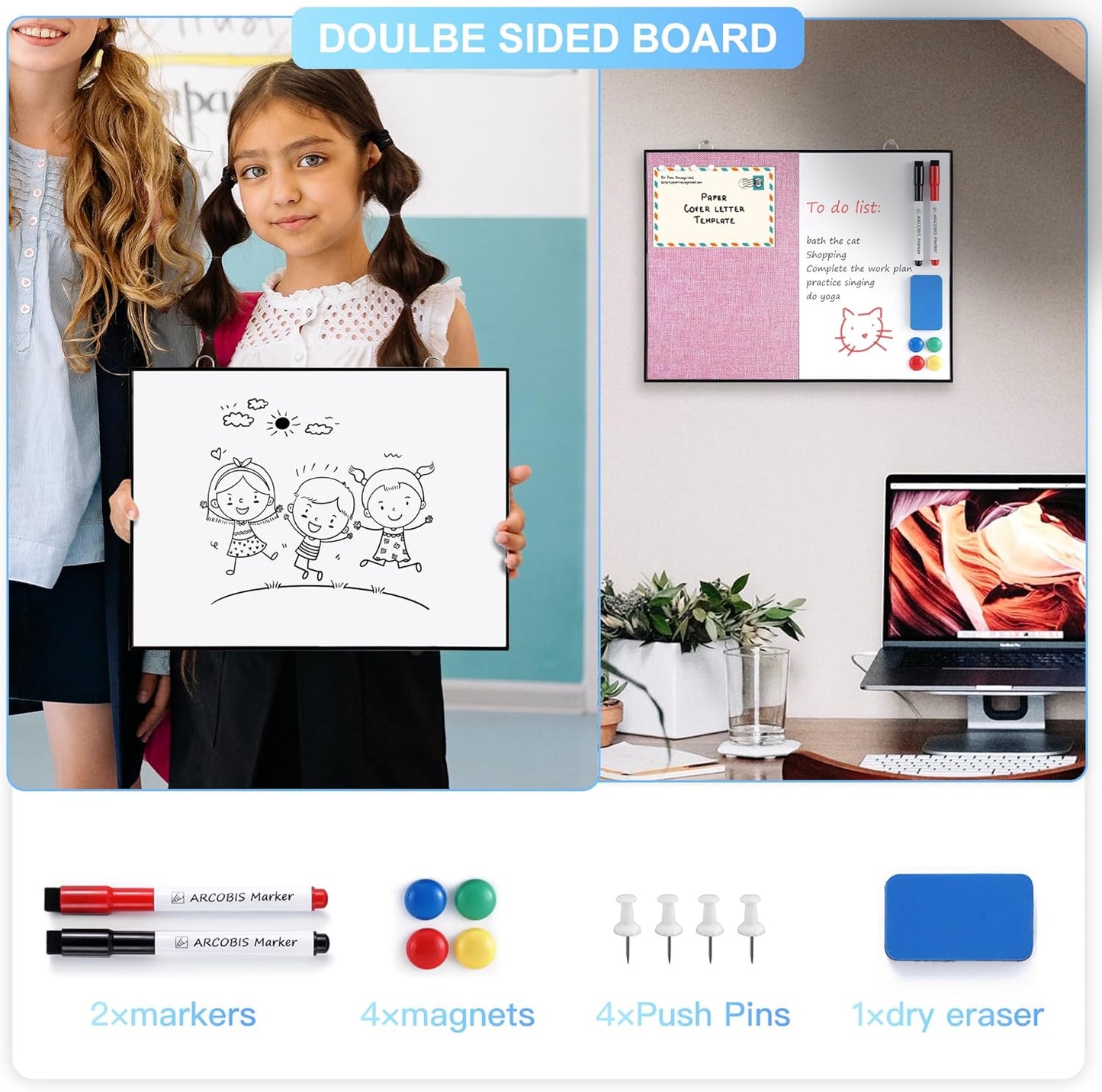ARCOBIS Dry Erase Linen Board, 12"X16" Small Cork Board White Board Combination, Double-Sided Magnetic Bulletin Board for Wall, Vision Board for Home, Office, School, Pink