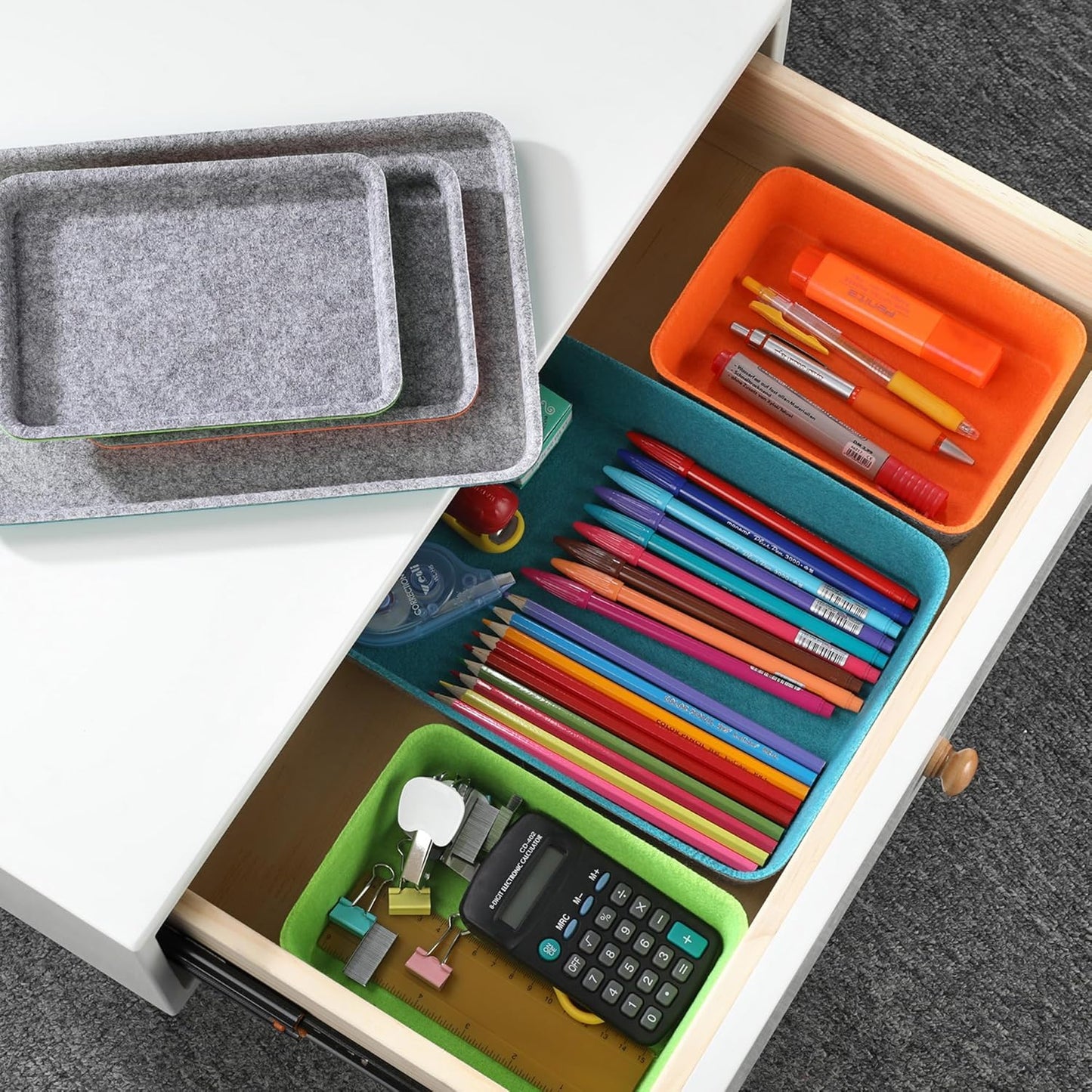 Welaxy stackable Lidded drawer organizer bins home office work desktop storage box with lid for junk makeup stationery decluttering sorting 3-pack (Orange + Green + Turquoise)
