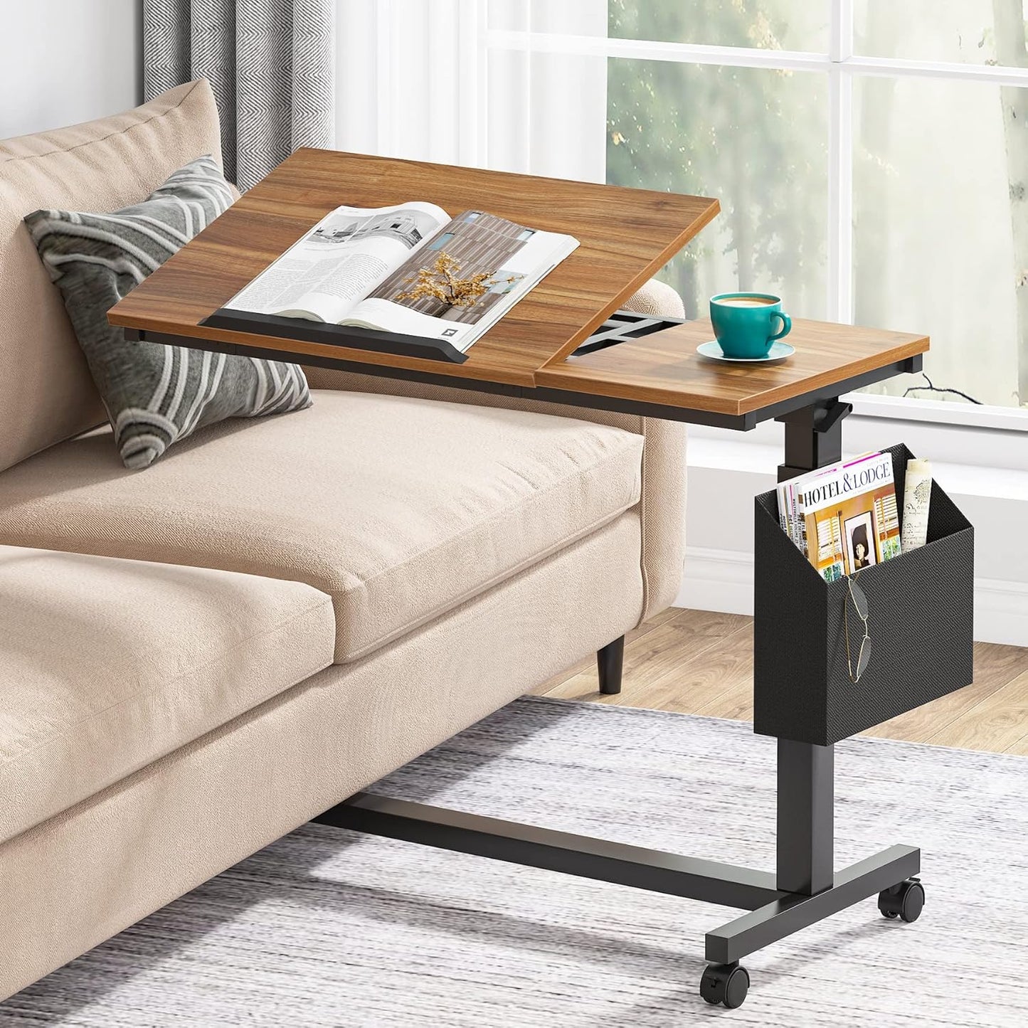 Tribesigns Height Adjustable C Shaped End Table with Wheels and Side Pocket, Mobile Sofa Snack Table with Tiltable Drawing Board, Laptop Side Tray Table for Couch Bed (Walnut Brown)