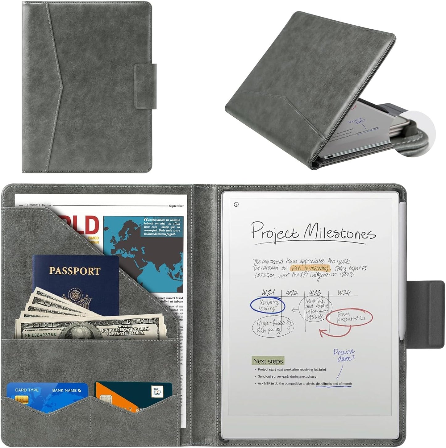 CoBak Premium PU Leather Case for Remarkable Paper Pro 11.8" (2024) – Slim Magnetic Back Cover with Auto Sleep/Wake, Folder Design, Magnetic Pen Holder Strap, Gray Leather