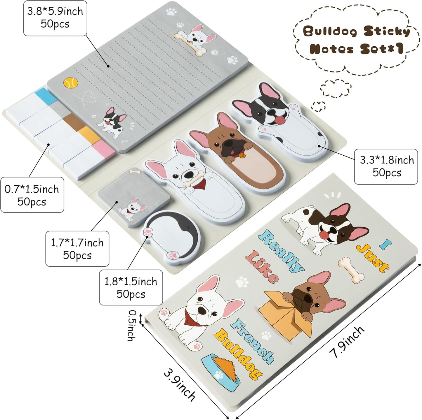 Xqumoi I Just Really Like French Bulldog Sticky Notes Set, 550 Sheets, Cartoon Bulldog Self-Stick Notes Pads Animal Divider Tabs Bundle Writing Memo Pads Page Marker Back to School Office Supplies
