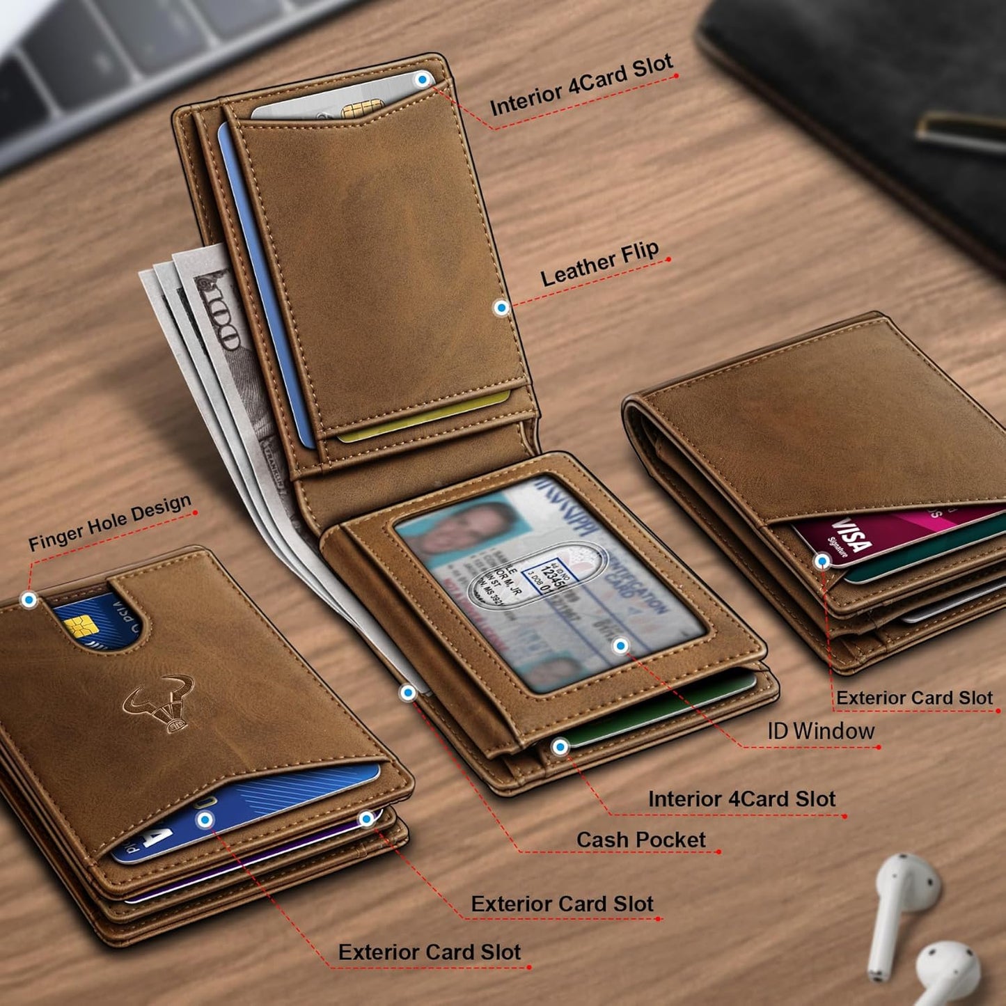 BULLIANT Men Wallet, Slim Leather Wallet Front Pocket Card Holder Gift For Men 11 Slots RFID Blocking