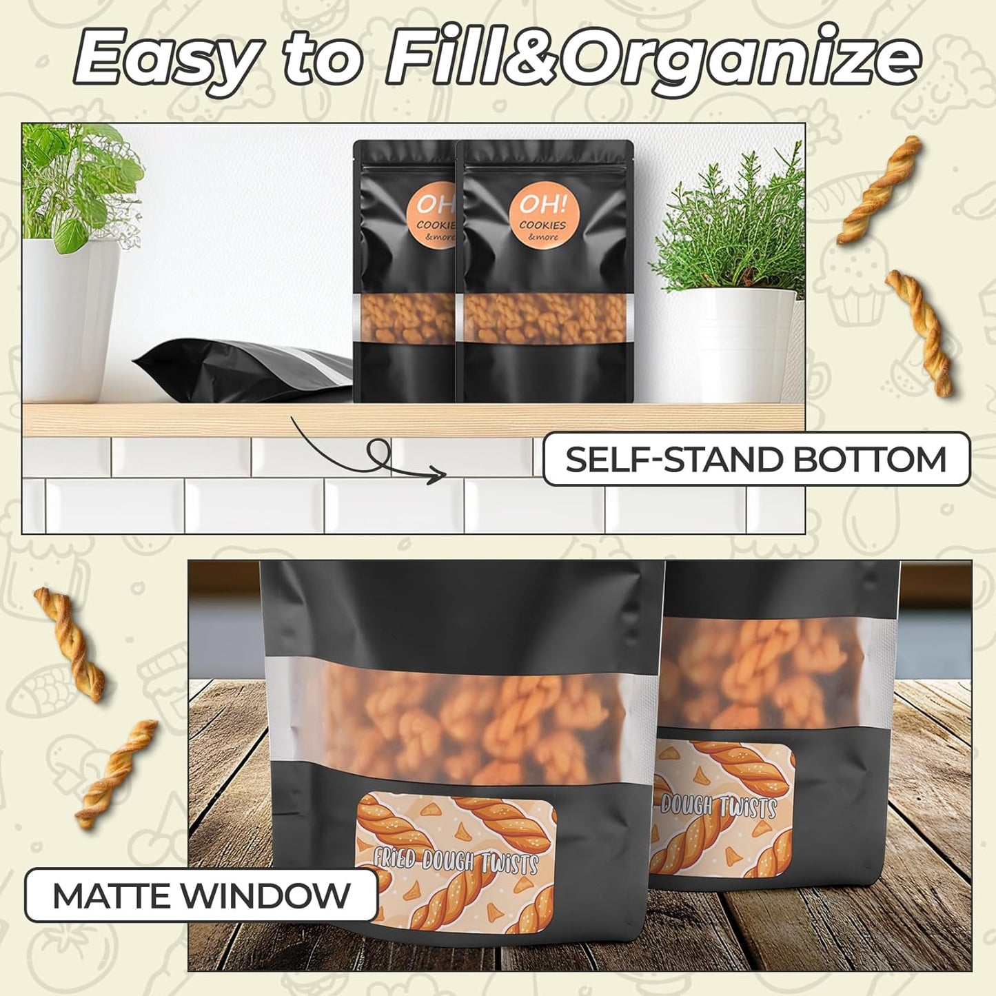 Funfery 100 Pcs Smell Proof Packaging Bags,Mylar Clear Bags for Food Storage,Sealable Bag for Packaging,Stand Up Pouches with Window,ReSealable Bag for Small Business,Cookies,Candy(Black,5.9x8.6in)