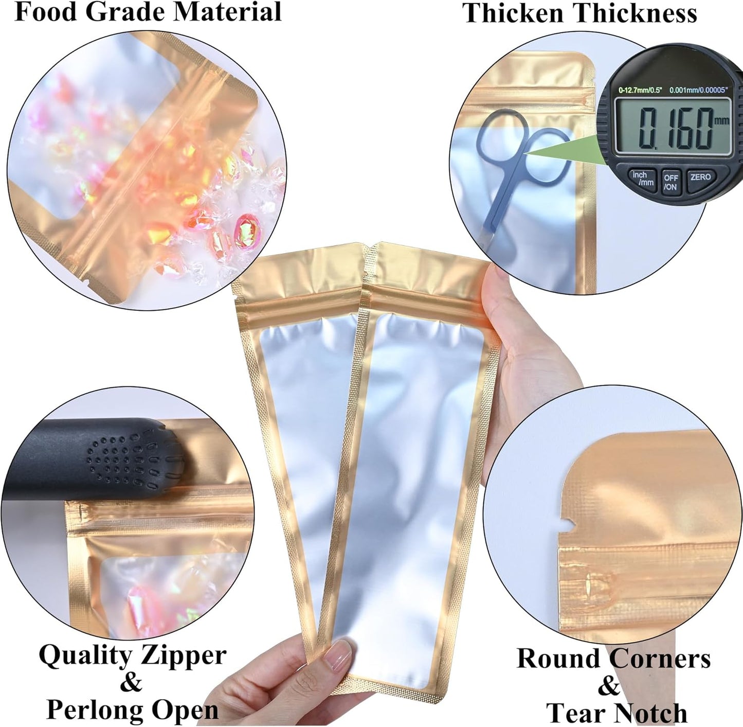 Resealable Mylar Pouch Bag Great for Office Home Party Favor Food Storage (100PCS, Gold Color, 2.7 x 9 inch)