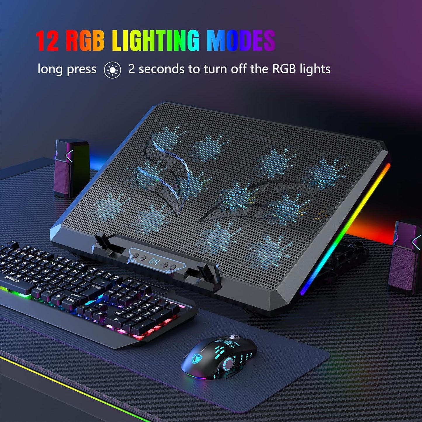 Laptop Cooling Pad with 12 Quiet Fans, Slim Portable for 12-17.3 Inch Laptop Cooler Stand, RGB Lighting, with 5 Height Adjustable, Gaming Cooling Fan Pad, with Two USB Ports Holder (LCD)