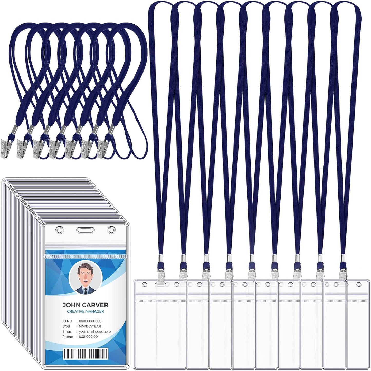 Marspark 200 Pcs Name Tag Lanyards with ID Holder Lanyards for ID Badges Resealable Flat Neck Name Tag with Clip Waterproof Plastic Clear Badges Bulk for School Office Supplies (Dark Blue)