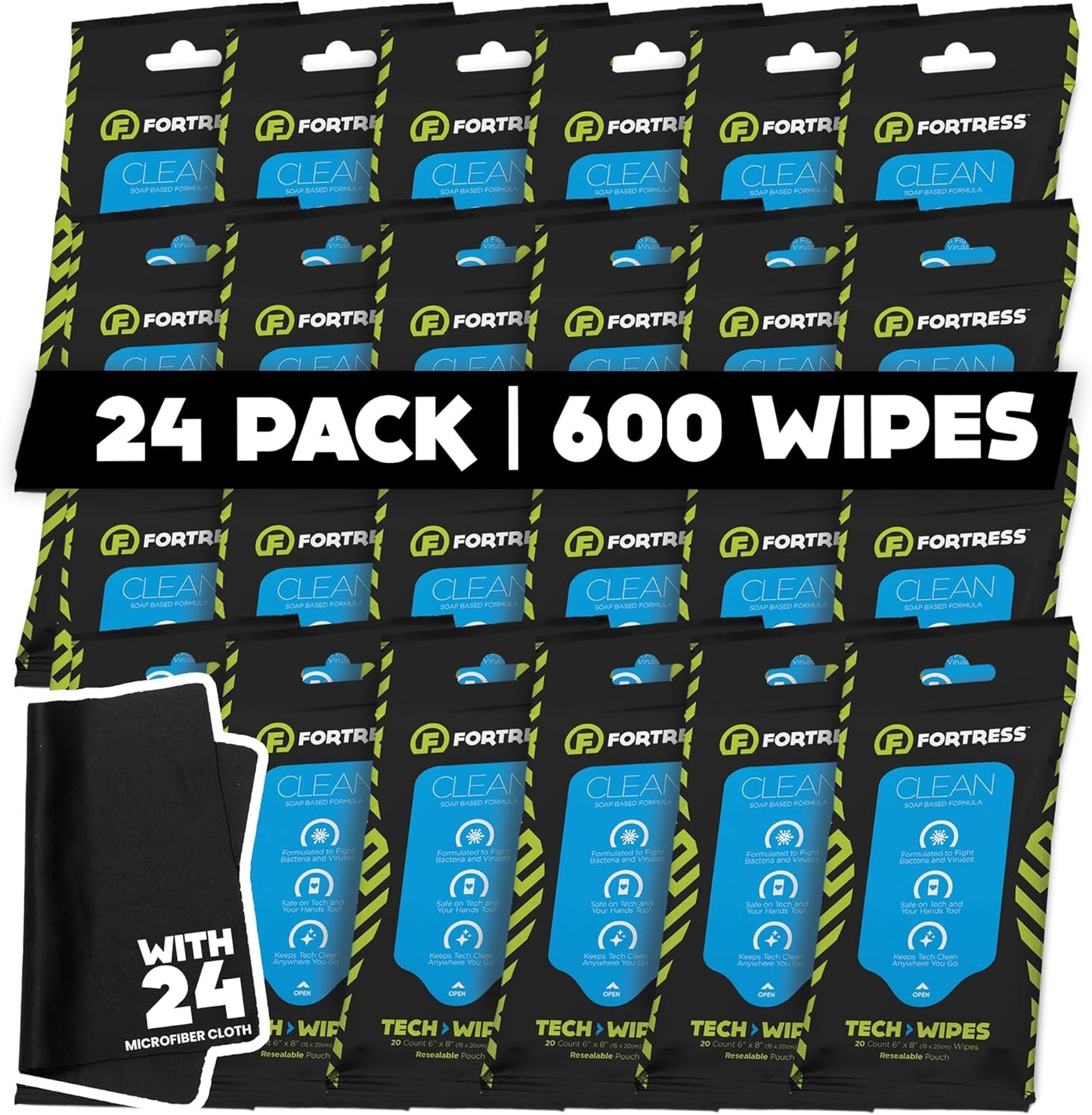 Fortress Electronic Wipes With Microfiber Cloth (25 ct, Pack of 24) To-Go Tech Wipes for Screens, Phones, Keyboards, TV Monitors, Computer Screens, and More [Travel Size] Skin-Safe