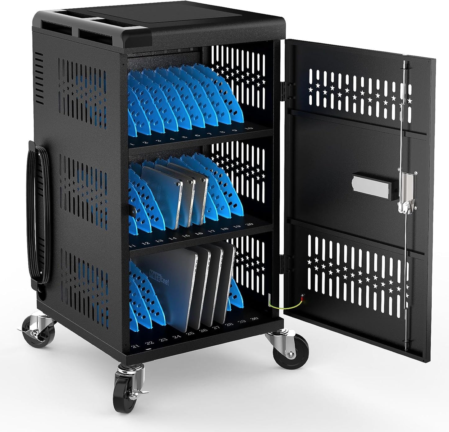 Fully Assembled 30 Bay Mobile Charging and Storage Cart for iPad, Chromebook and Laptop Computer with Keypad Lock,Up to 14-in Screen Size,Surge Protection,Front & Back Access Locking Cabinet