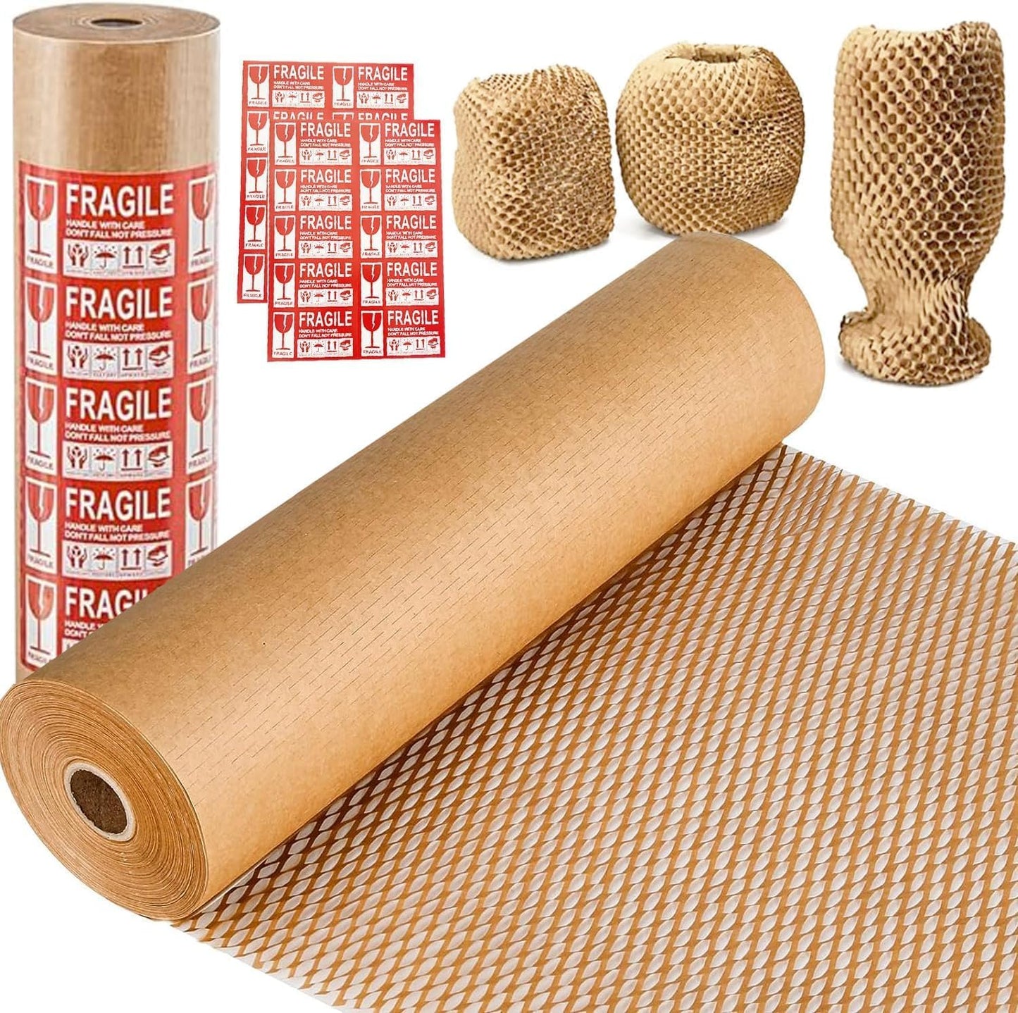 Honeycomb Packing Paper, 15"x230' Eco Friendly Packing Materials for Shipping Breakable Recyclable Moving Supplies Paper Bubble Wrap Sheets Roll with 20 Fragile Sticker Labels