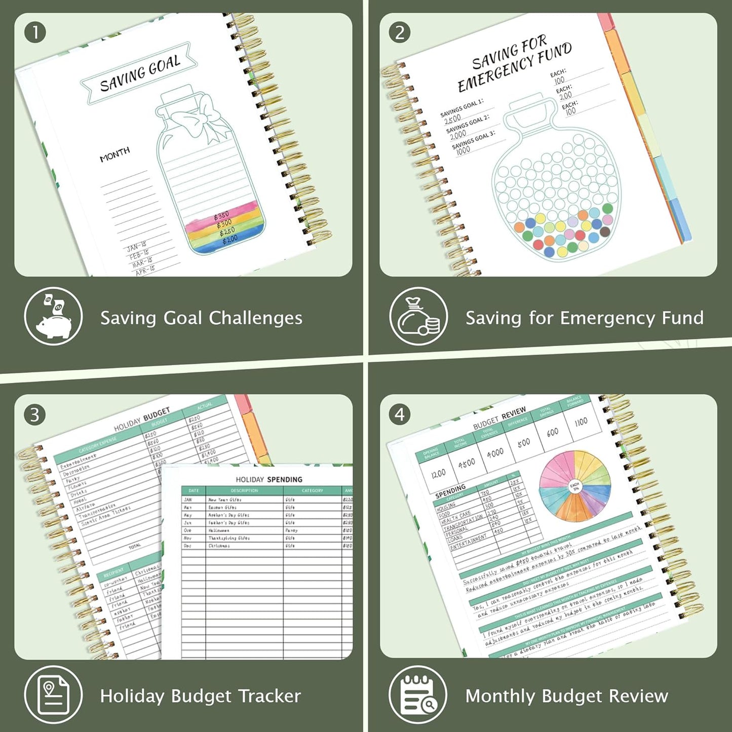 Ospelelf Budget Planner - Monthly Budget Book with Expense Tracker Notebook, Undated 12 Month Bill Organizer & Finance Planner, A4 Account Book with 12 Index Pockets, Zipper Pouch, Stickers(Green)