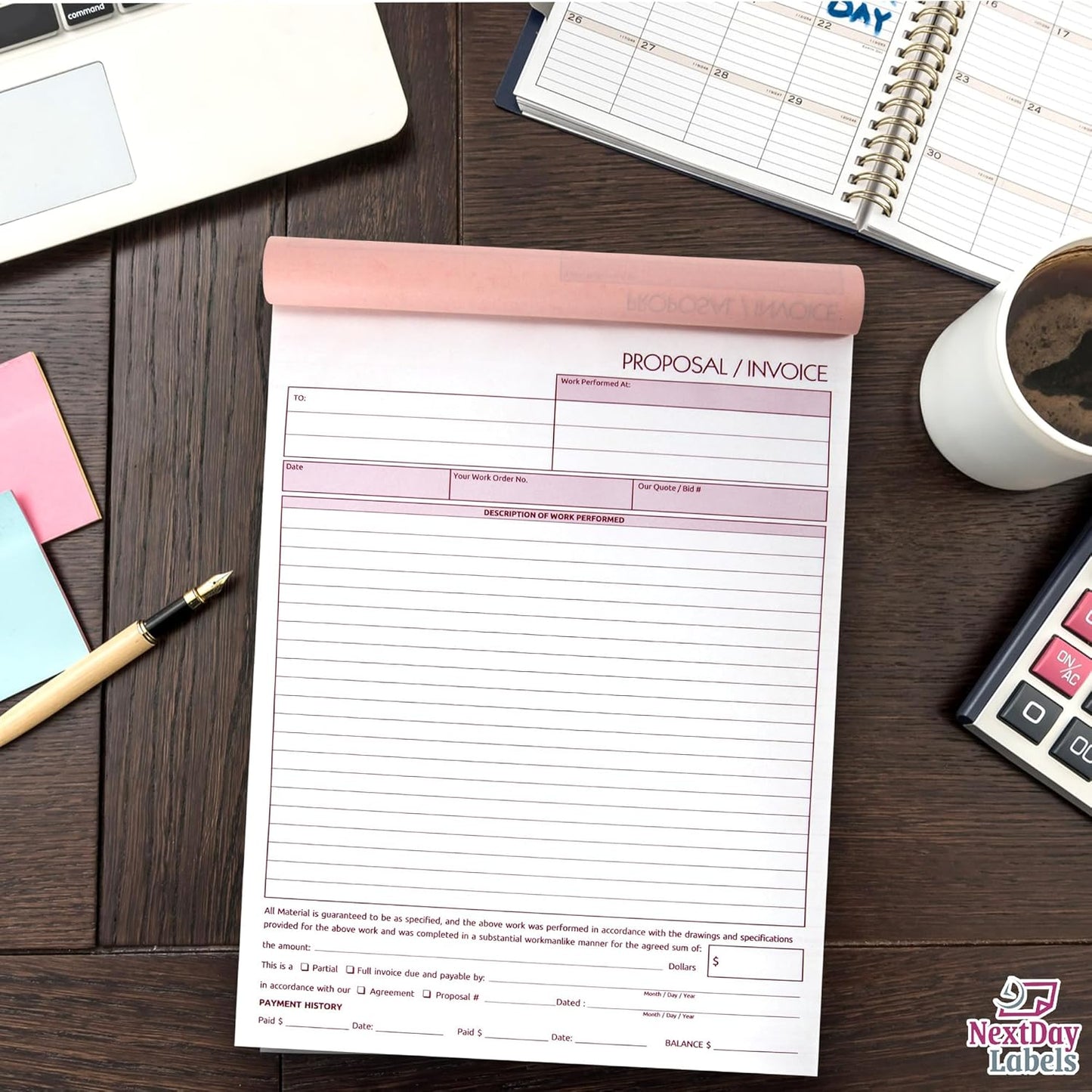 NextDayLabels - Contractor Invoice Book 8.5 x 11 3 Part Carbonless Triplicate Invoices Forms with White, Canary, and Pink Copies - Practical Proposal for Receipts, Work, Sales and Orders, 50 Sets