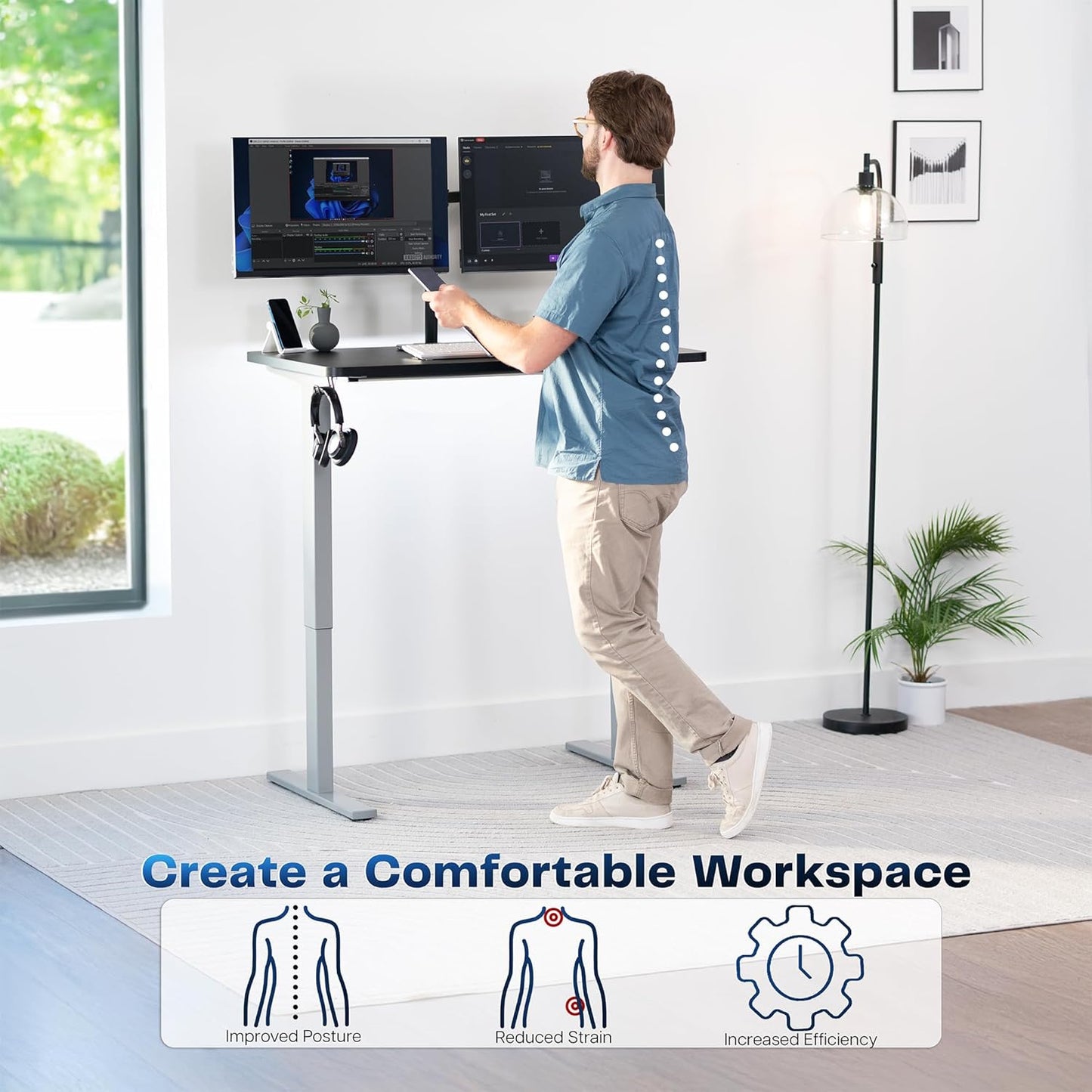 VIVO Electric 43 x 24 in Standing Desk, Memory Height Adjustment, 1B Series, One-Piece Black Top, Gray Frame, DESK-KIT-1G4B