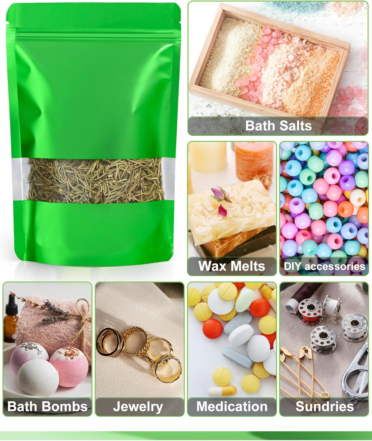 FireKylin 100 Pack Smell Proof Bags 5.5" x 7.8", Resealable Bags with Matte Window, Foil Pouch Stand Up Sealable Bags for Packaging（Green）