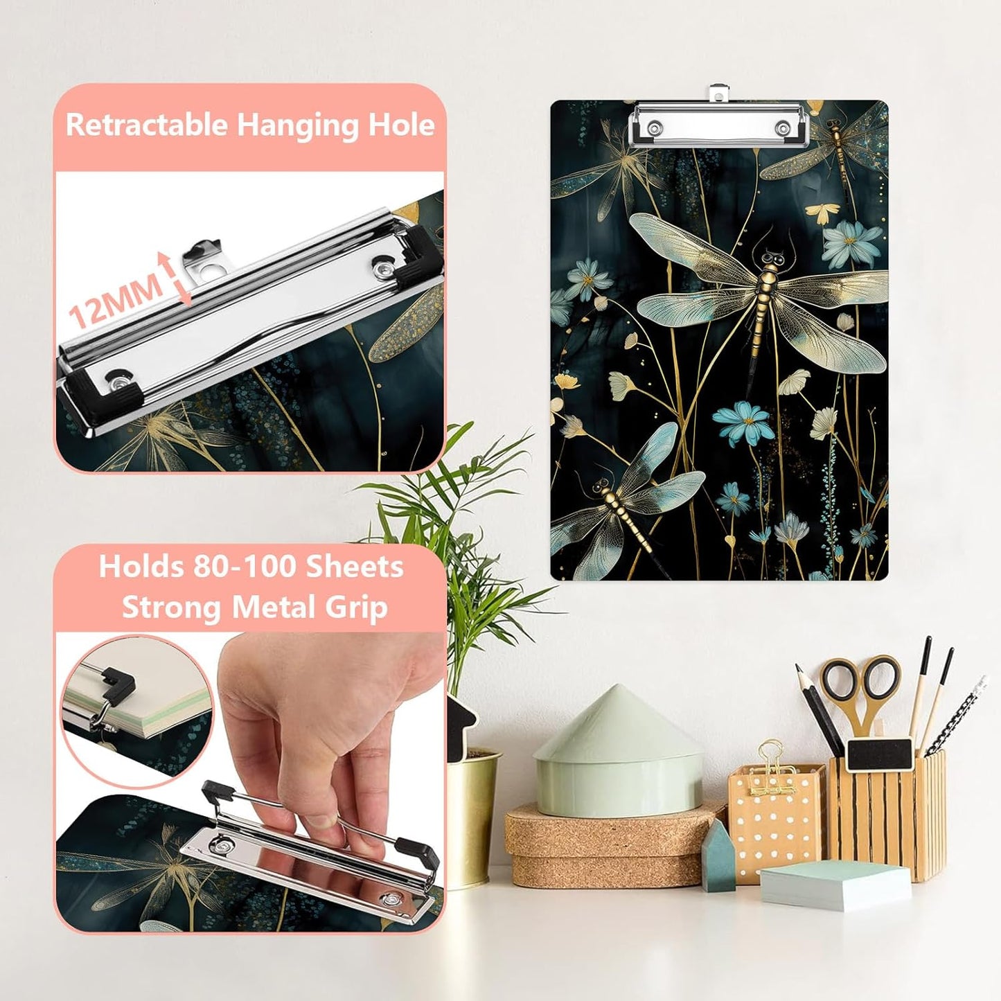 Dragonfly Blue FloralPlastic Clipboards,Cute Fashion Clipboard Decorative 8.5" x 12.5"Standard A4 Size Clipboards,Acrylic Clipboard for Teacher,Social Worker,Students,Nurse,Office Supplies