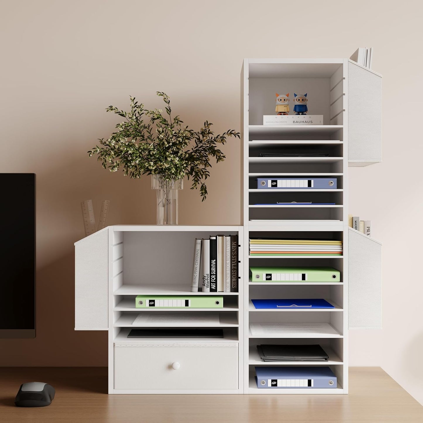 Office Mail Sorter, Wooden Paper Organizer with Storage Bag, 10 Tier Adjustable Classroom Mailbox, Removable Classroom Organization, Teacher Desk Organization for Office, Study, White