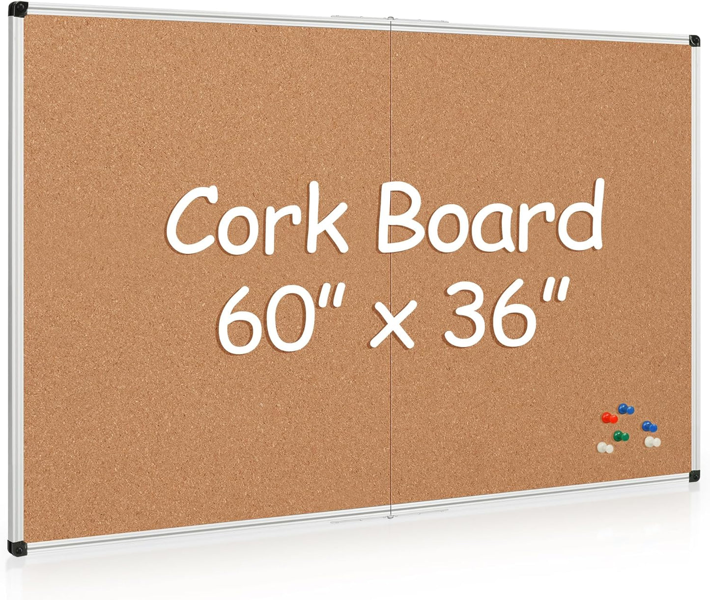Board2by Extra Large Cork Bulletin Board 60" X 36", Foldable Notice Pin Board for Wall, Silver Aluminum Framed 5'x3' Corkboard, Wall Mounted Noticeboard with 36 Push Pins for School, Home & Office