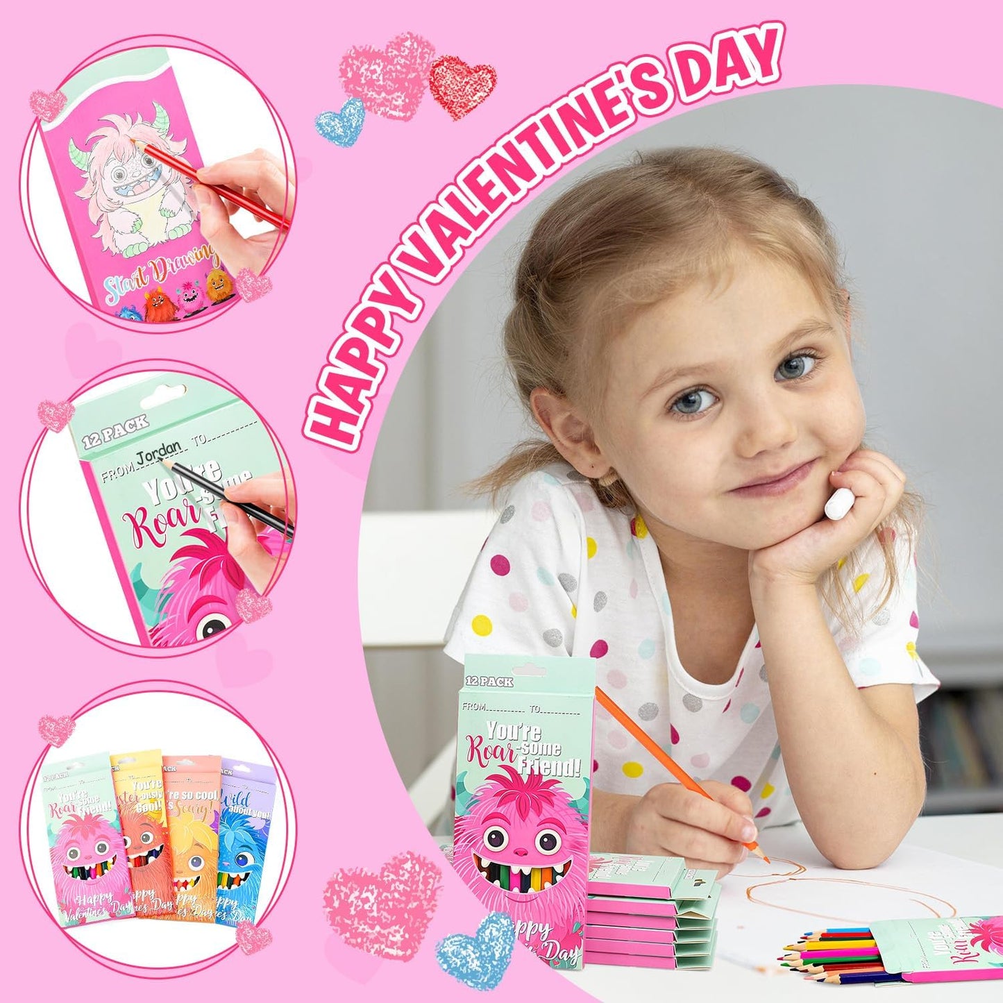 MOVINPE Valentines Day Gifts for Kids Classroom - 28 Pack Pre-Sharpened Colored Pencils Set Valentines Exchange Gifts, School Class Prizes Monster Themed 12 Assorted Colors 336 Count