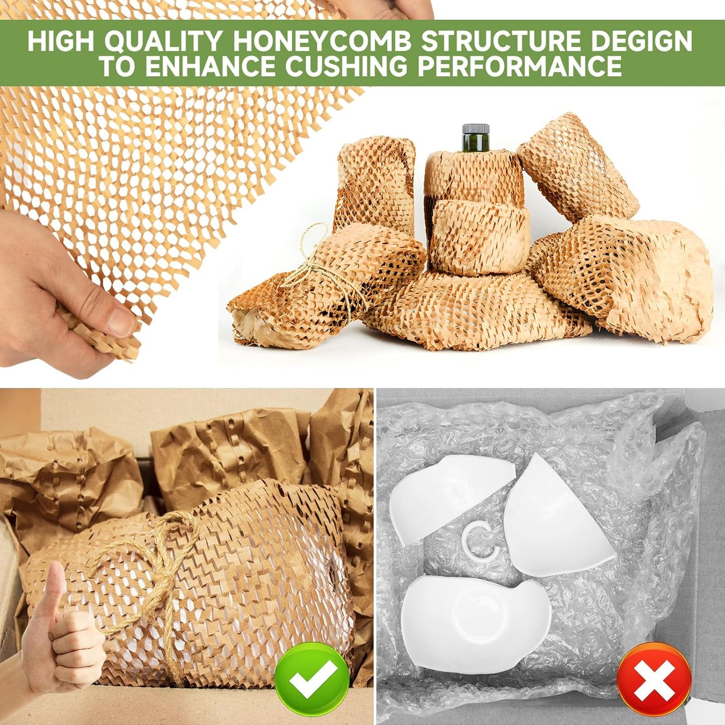 Honeycomb Packing Paper Wrap 15''x820', Substitute Alternative for Bubble Cushioning Wrap for Moving Shipping Packaging, Recyclable Moving Supplies with 48 Fragile Sticker Labels