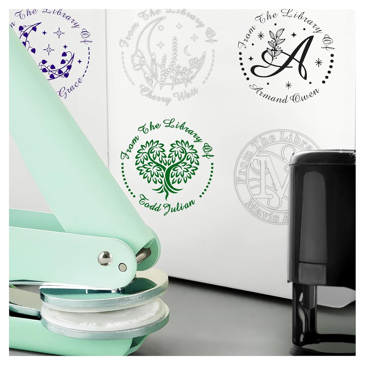 Customized Book Embosser Color Heart Moon Star Stamp with Your Name or Design Personalized Library Embosser Stamp Custom Books Business Cards Paper Documents Notebooks etc.. (Moon-02)