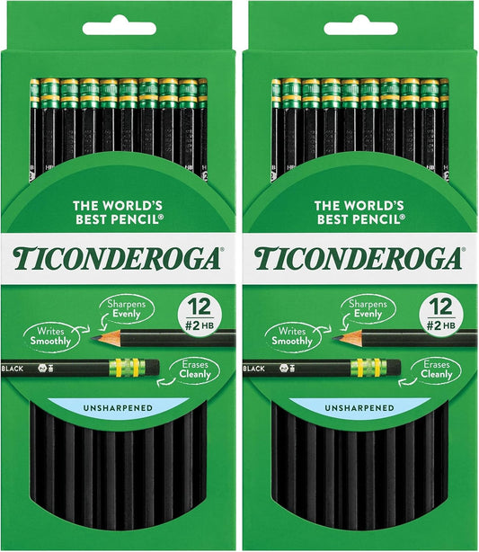 Ticonderoga Wood-Cased Pencils, Unsharpened, 2 HB Soft, Black, 12 Count (Pack of 2)
