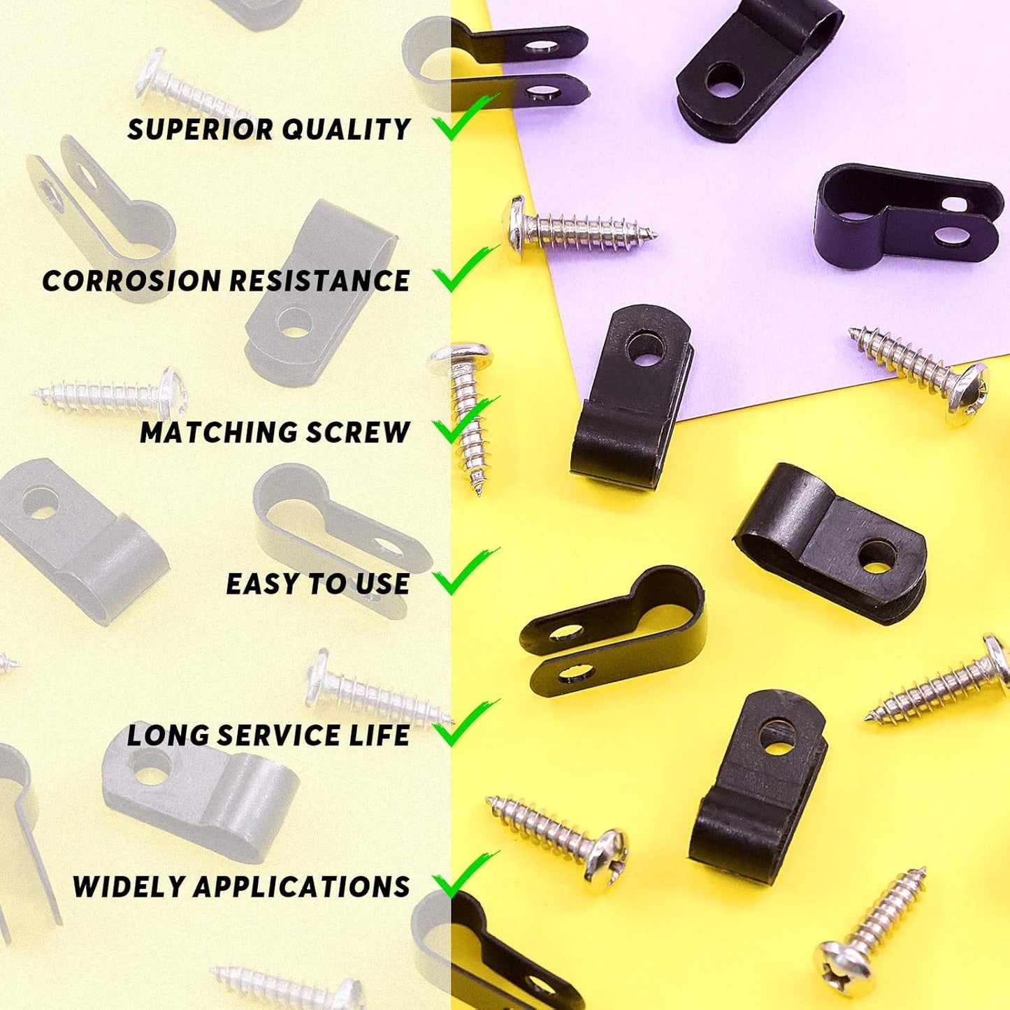 Swpeet 60 Pack Black 1/4 Inch Nylon Plastic R-Type Cable Clips Clamp Kit, Nylon Screw Mounting Cord Fastener Clips with 60 Pack Screws for Wire Management