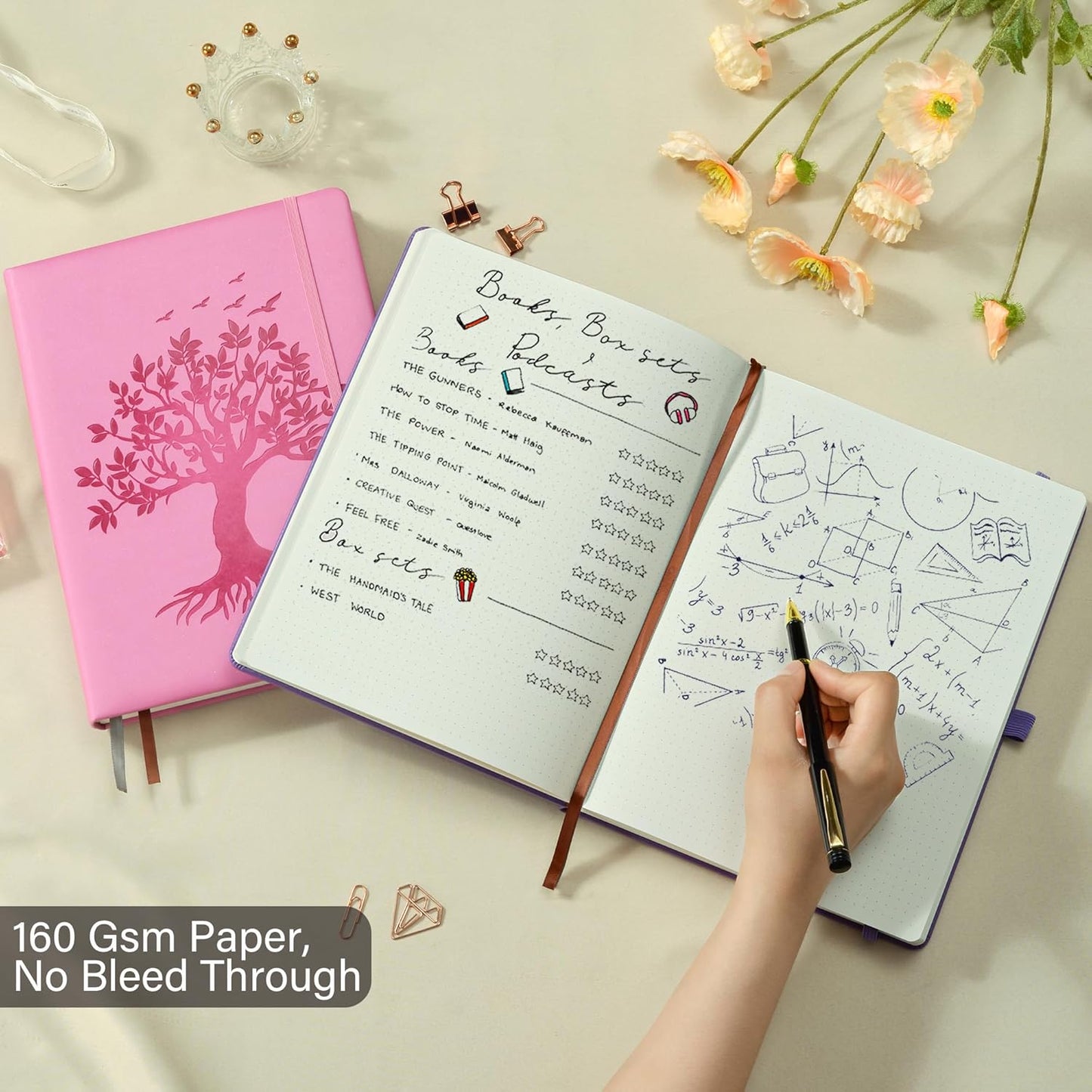 ZXHQ Elegant B5 Dot Grid Journal - 150 GSM Thick Paper 256 Pages Bullet Dotted Journal, Chic Tree of Life Design, Durable Hardcover, Inner Pocket - Pink, 7.7" x 10"