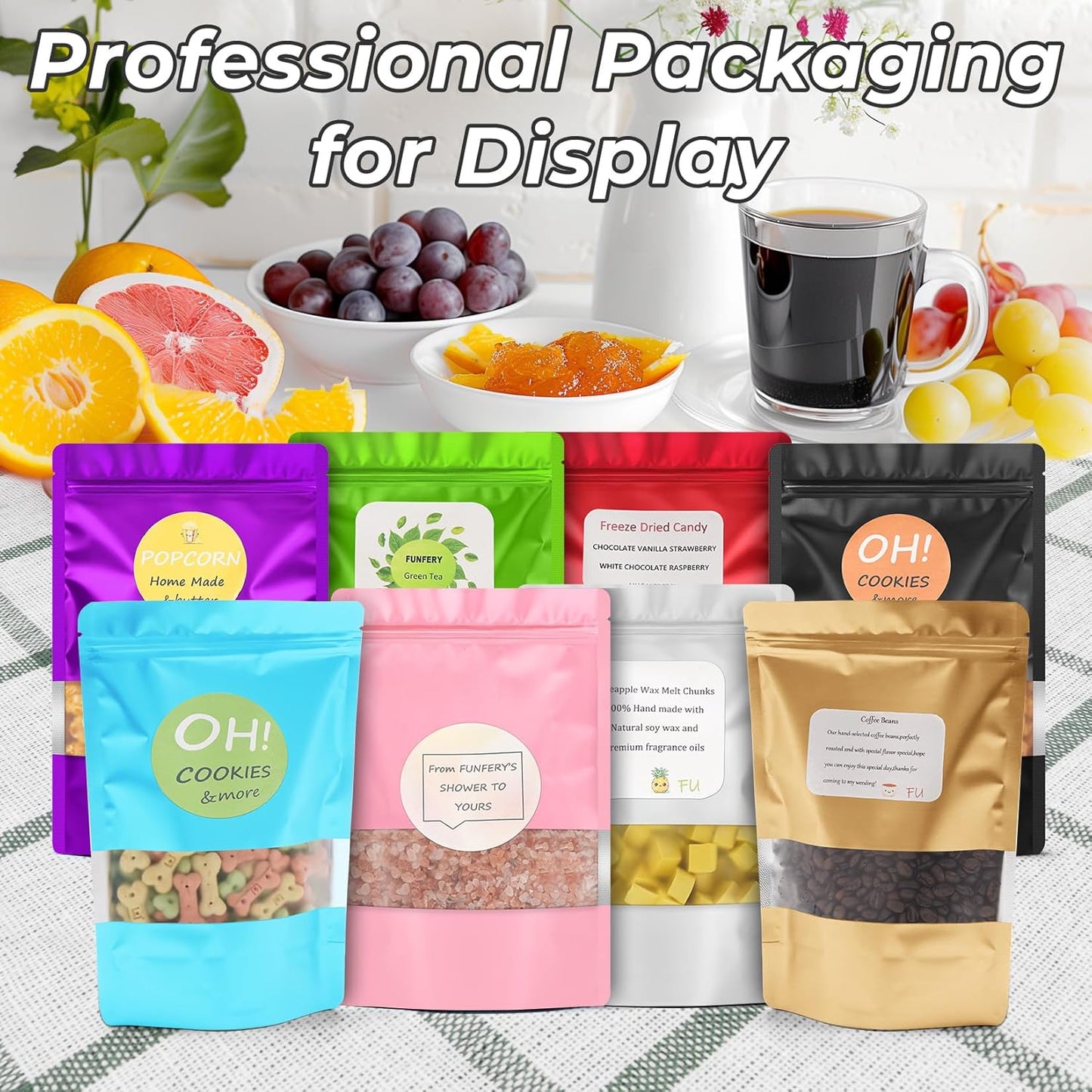 Funfery 100 Pcs Smell Proof Packaging Bags,Mylar Clear Bags for Food Storage,Sealable Bag for Packaging,Stand Up Pouches with Window,ReSealable Bag for Small Business,Cookies,Candy(White,4.7x7.9in)