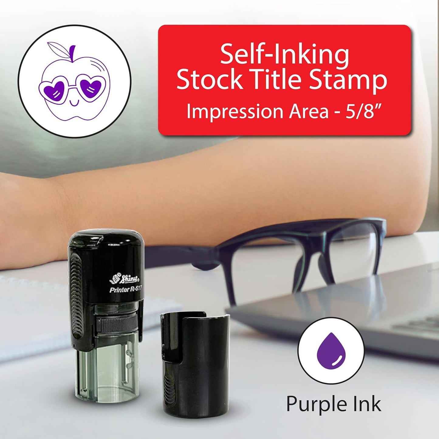Shiny Cool Apple Teacher Stamp, Round Self Inking Stamp for Classroom, Purple Ink