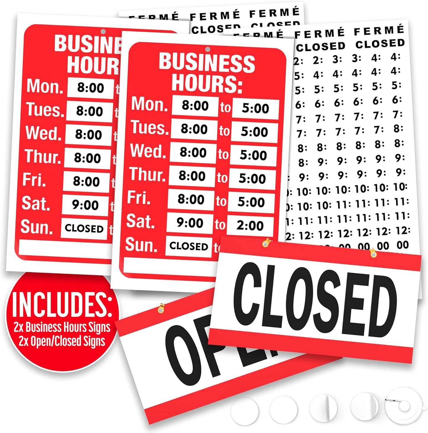ASSURED SIGNS Open Closed Sign for Business - 2 Pack - Ideal Office Hours Sign for Glass Door or Window - Bright Red and White Colors - Includes 4 Double Sided Adhesive Pads and a Black Number Sticker Set - Perfect Open and Closed Signs for any Store