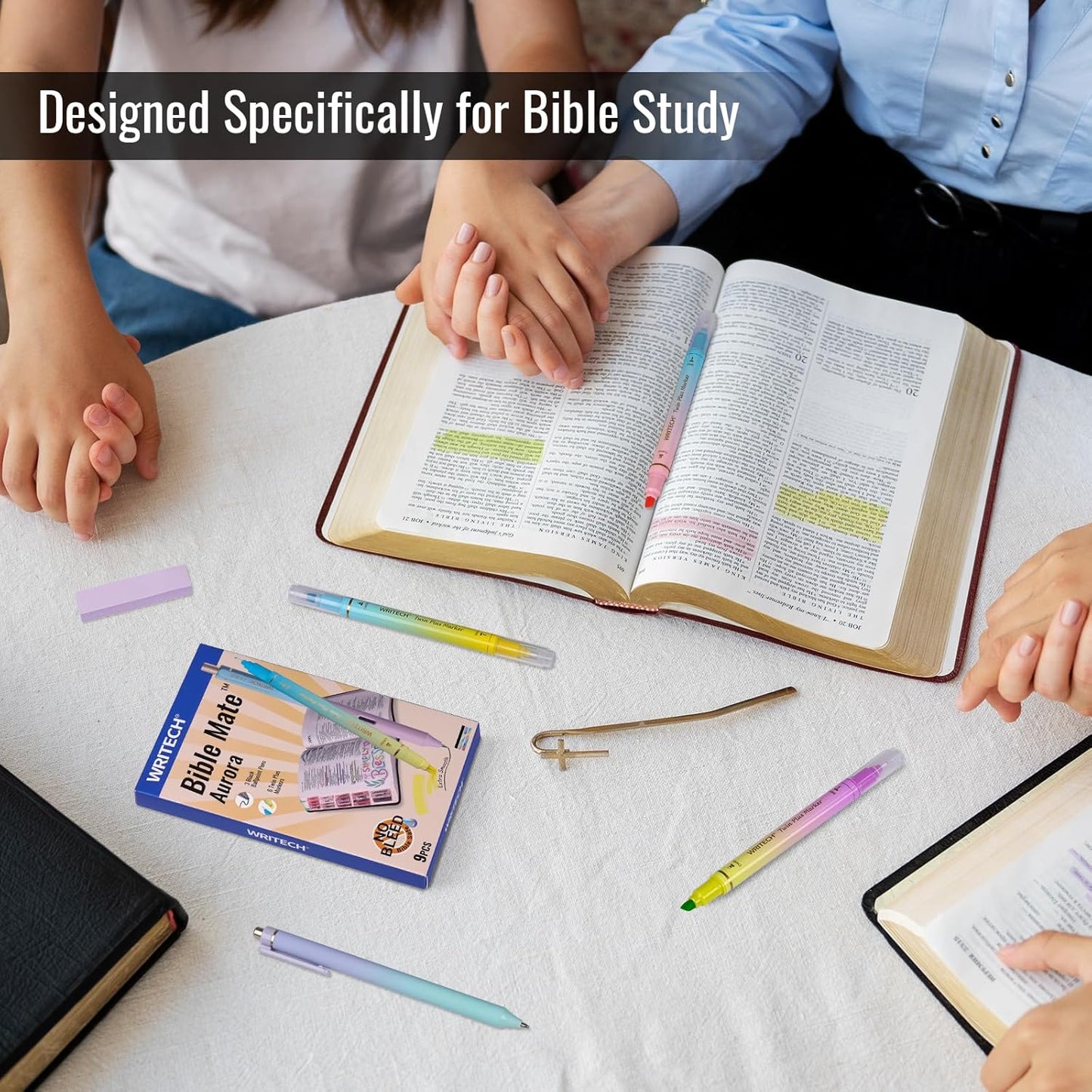 WRITECH Bible Mate Journaling Set: No Bleed Aesthetic Highlighters & 1.0 mm Black Ballpoint Pens, Bible Safe Dual Tip Highlighters, Pastel Colors, Fast-drying Ink, Journaling Kit, 9ct