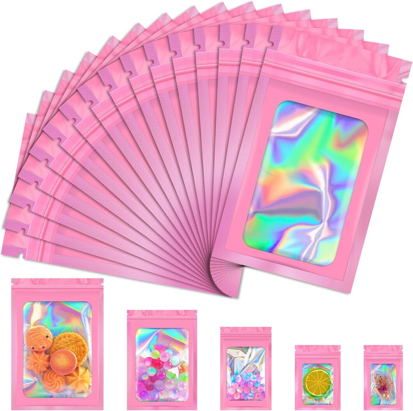 100 PCS Mylar Bags, Pink Holographic Bags, Smell Proof Bag, Resealable Bag for Small Business, Packaging, Food Storage, Bracelets, Jewelry（5.5x7.9in）