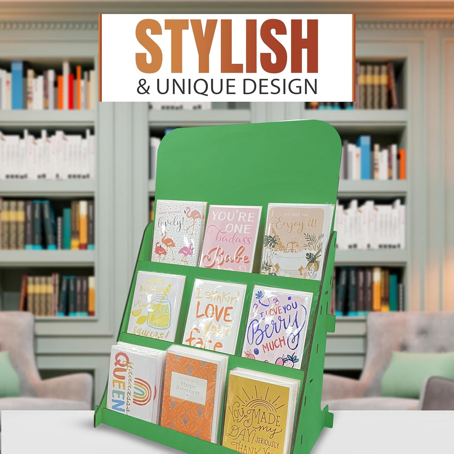 TORCHED DISPLAYS Greeting Card Organizer Display Stand – 3-Tiered Picture Stands for Display – Multipurpose Wooden Stand Ideal for Greeting Cards, Photos, Birthday Cards, Baseball Card Stand - Green